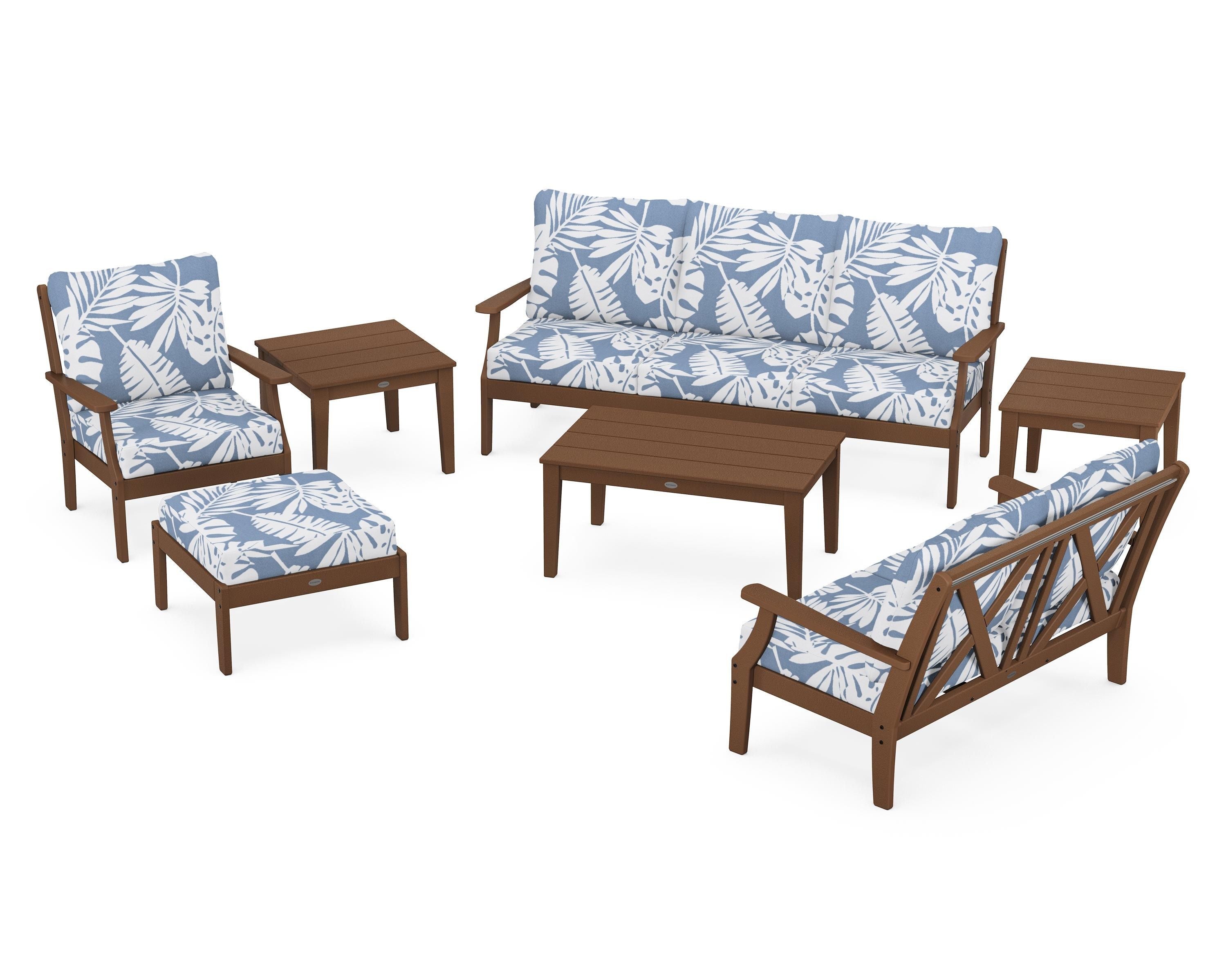 POLYWOOD Braxton 7-Piece Deep Seating Set in Teak / Leaf Sky Blue