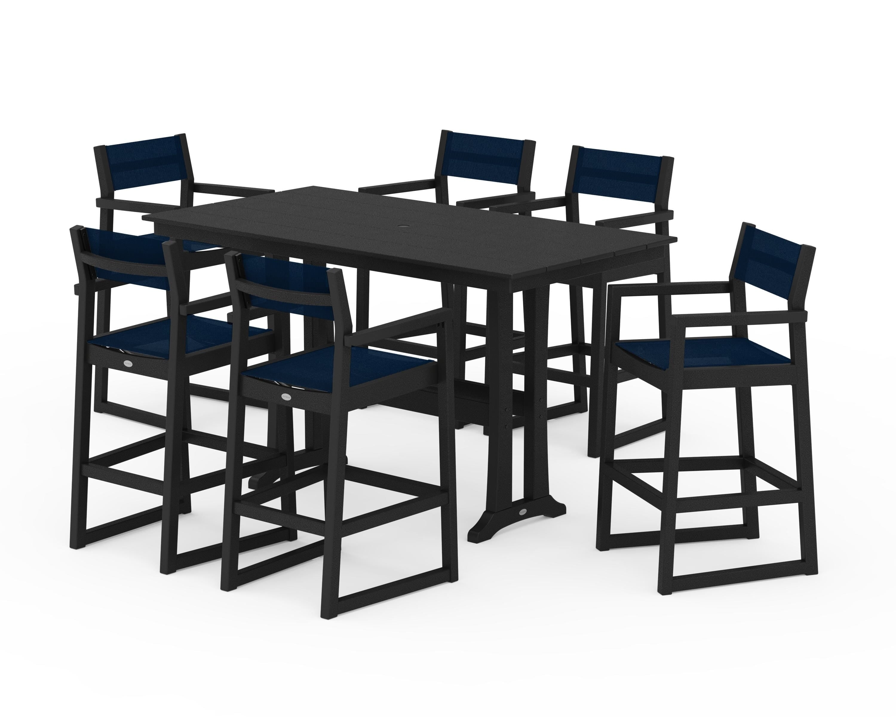 POLYWOOD EDGE Sling Arm Chair 7-Piece Farmhouse Bar Set with Trestle Legs in Black / Navy Blue Sling