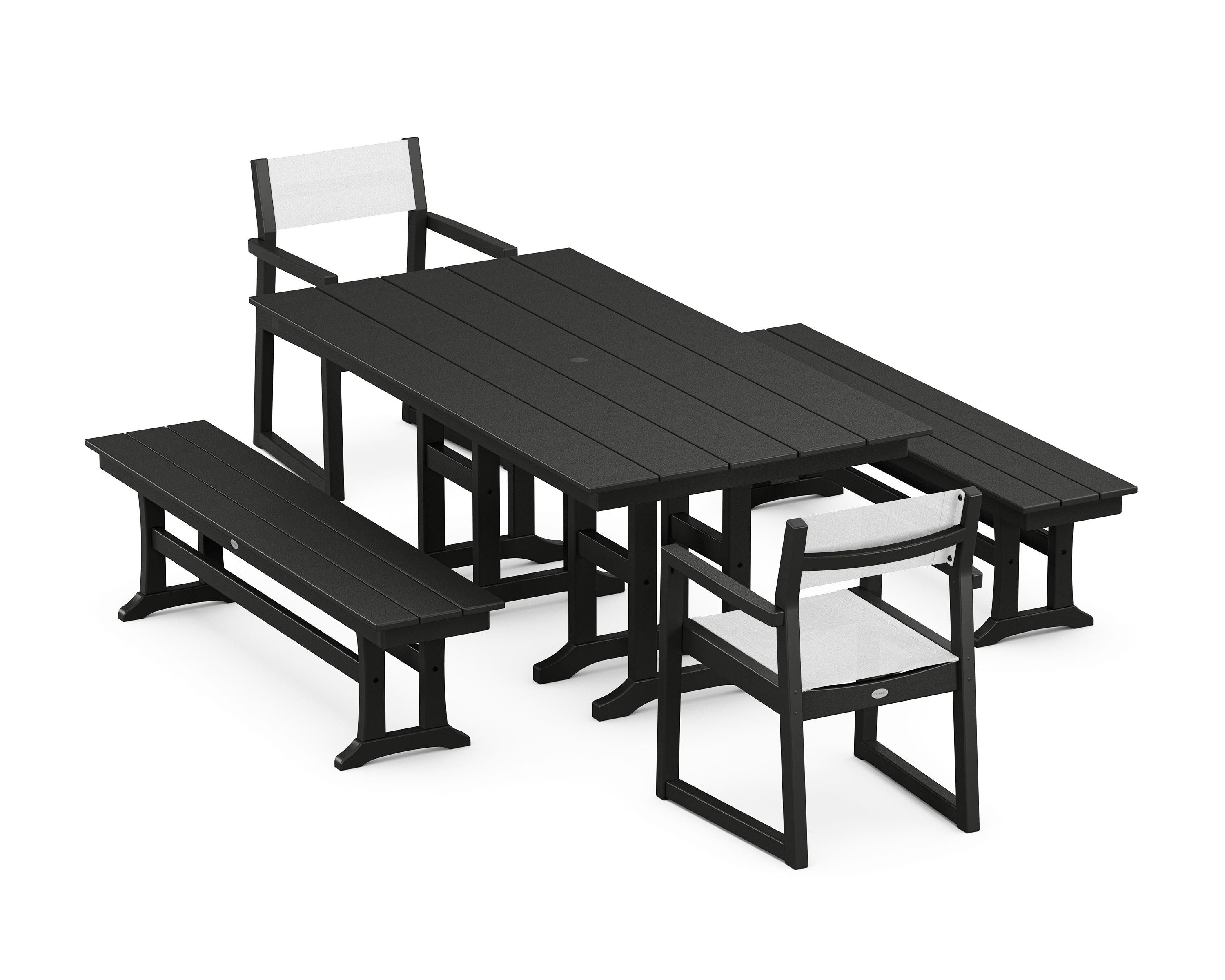 POLYWOOD EDGE Sling Arm Chair 5-Piece Farmhouse Dining Set with Benches in Black / White Sling