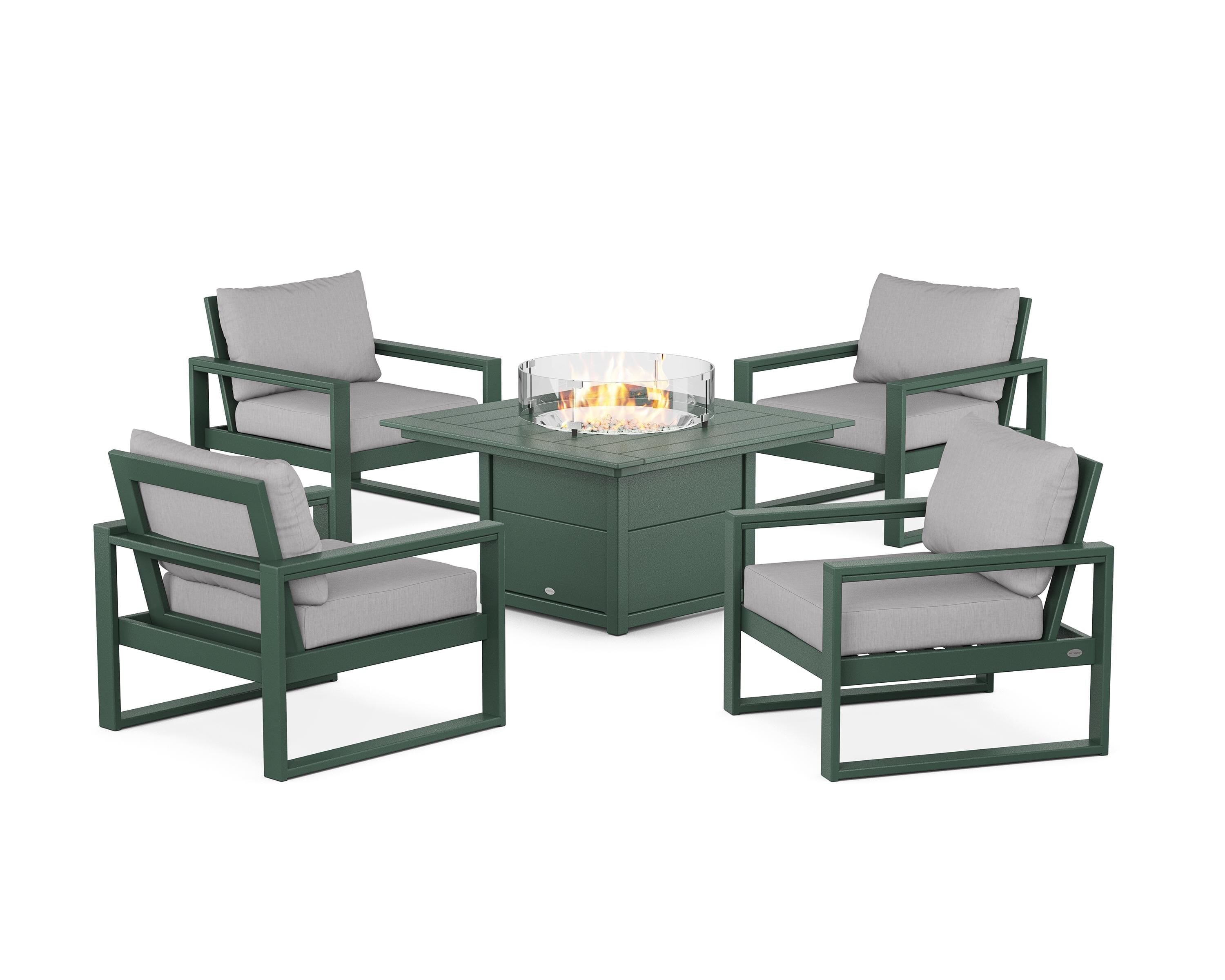 POLYWOOD EDGE Sectional 5-Piece Deep Seating Set with Fire Pit Table in Green / Granite