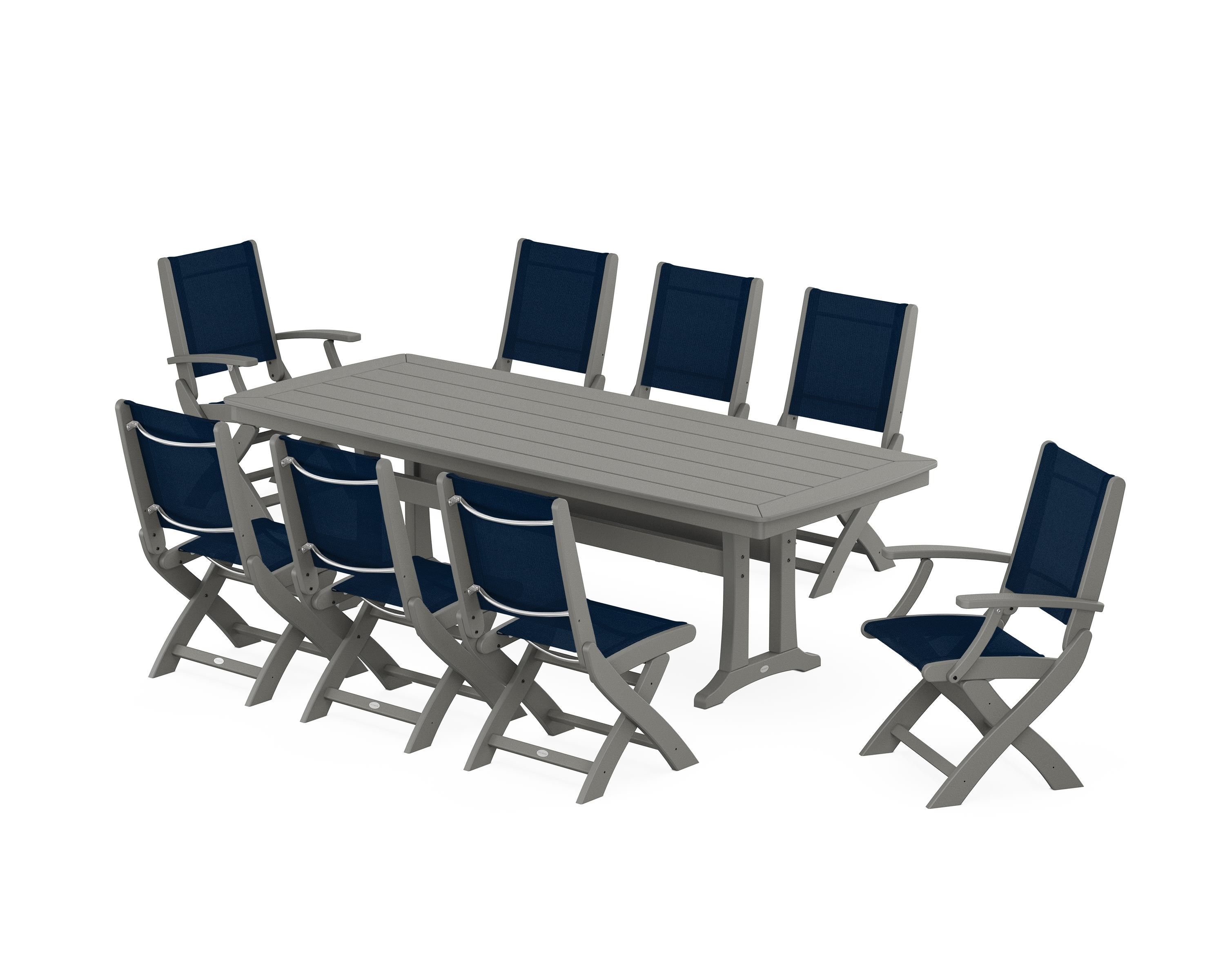 POLYWOOD Coastal Folding 9-Piece Dining Set with Trestle Legs in Slate Grey / Navy Blue Sling