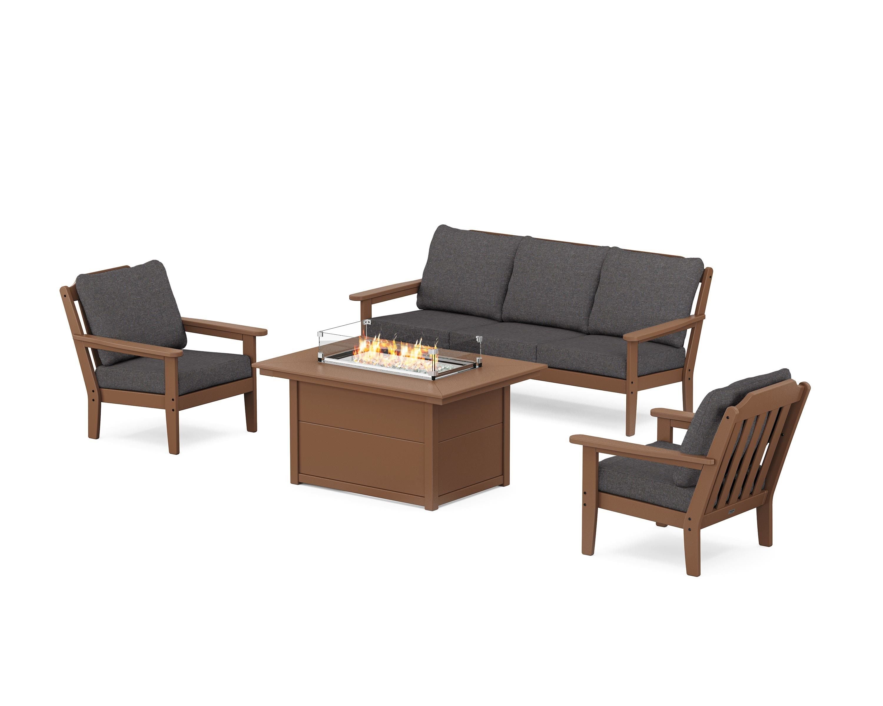 Country Living Cottage Deep Seating Fire Pit Table Set in Teak / Ash Charcoal