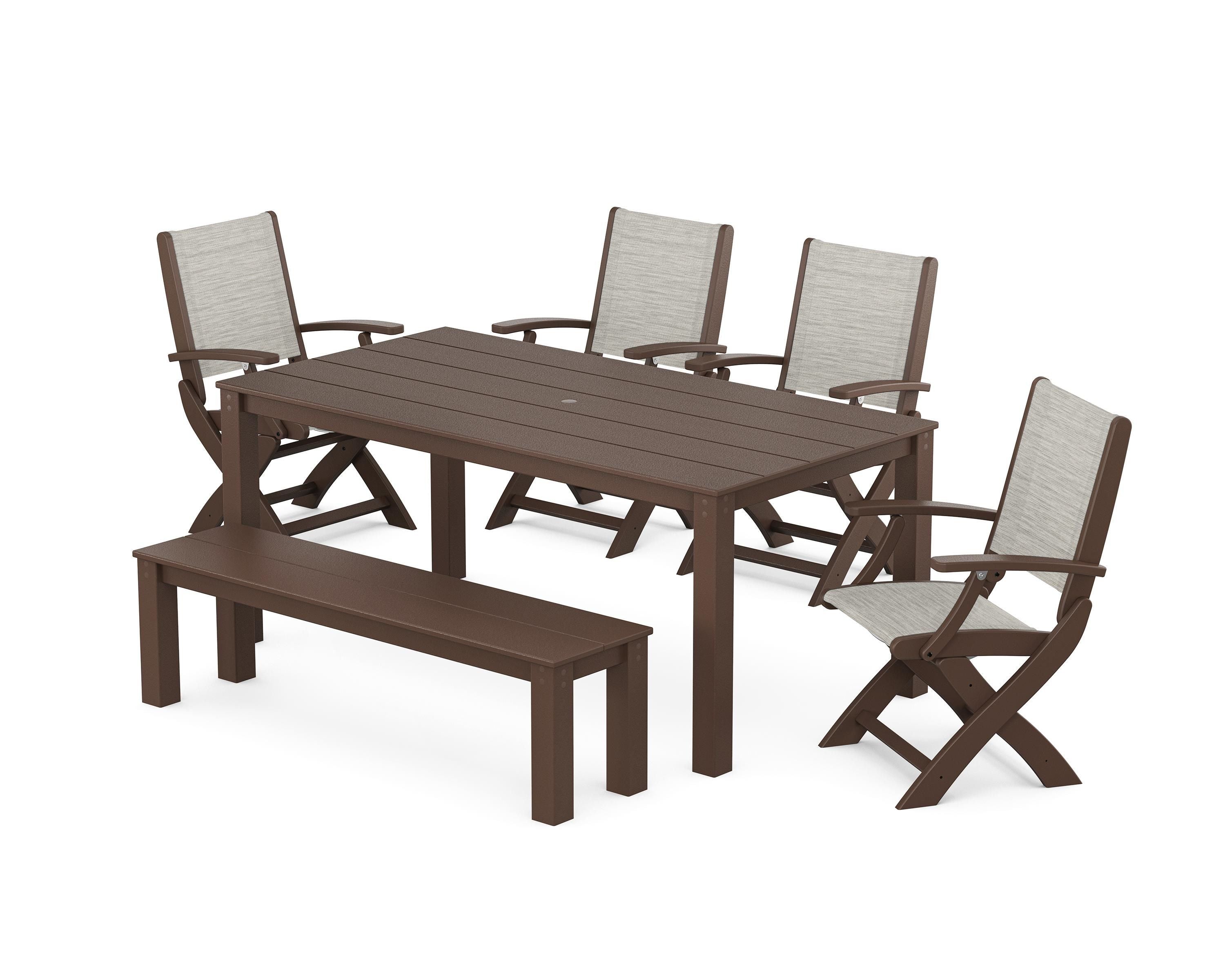 POLYWOOD Coastal Folding Chair 6-Piece Parsons Dining Set with Bench in Mahogany / Birch Sling