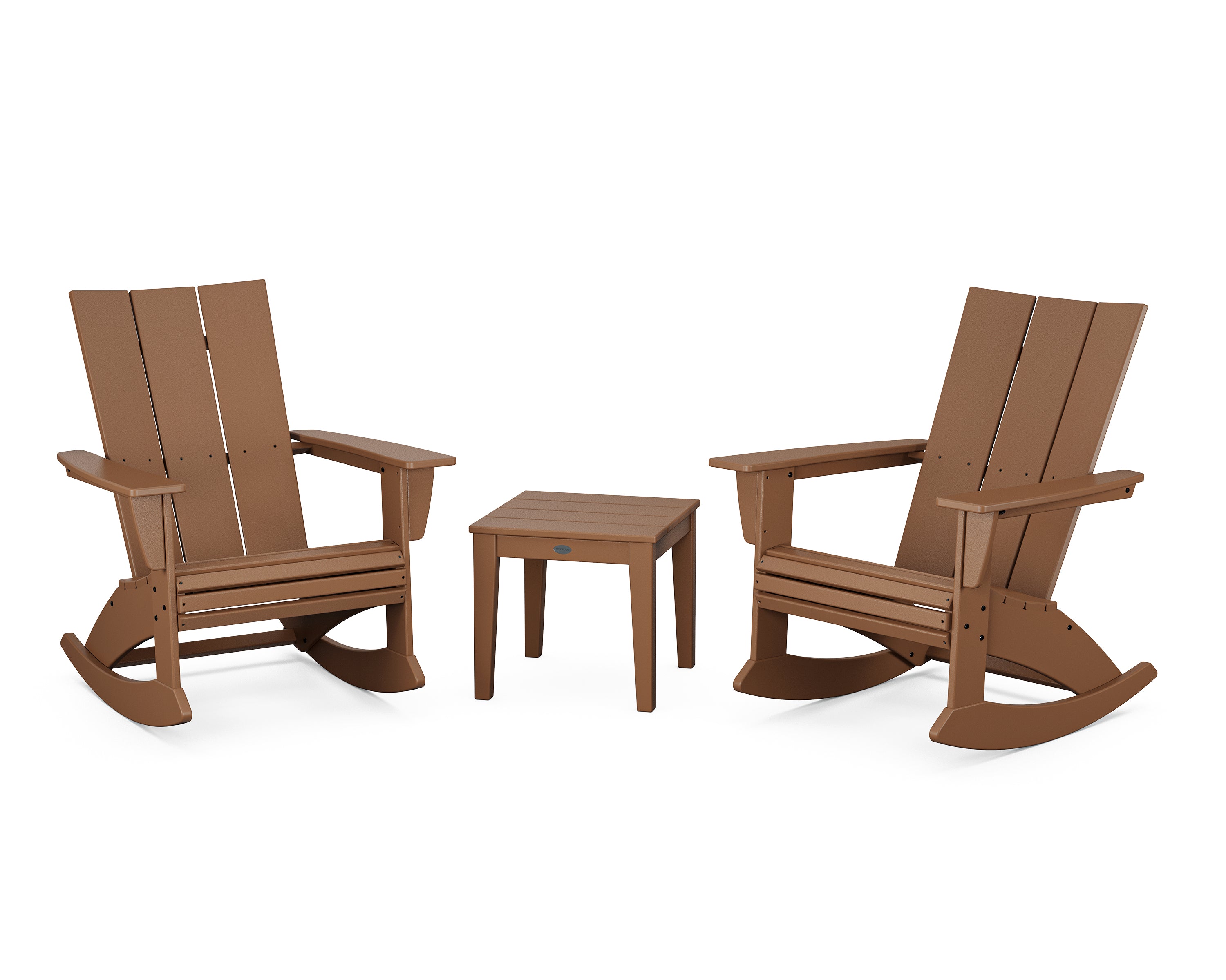 POLYWOOD® Modern Curveback 3-Piece Adirondack Rocking Chair Set in Teak