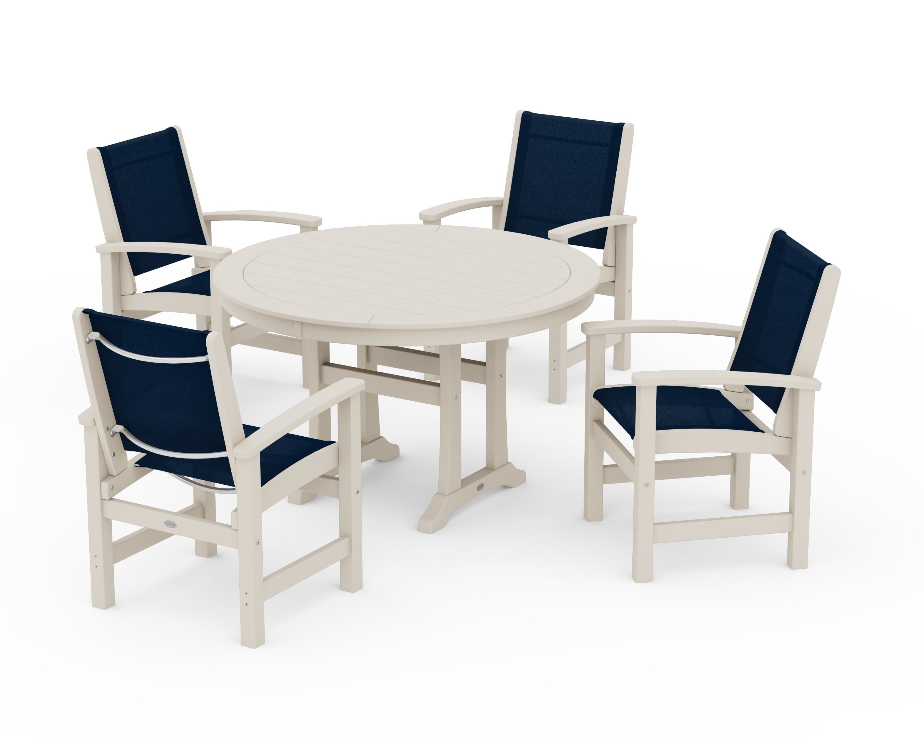 POLYWOOD Coastal 5-Piece Round Dining Set with Trestle Legs in Sand / Navy Blue Sling