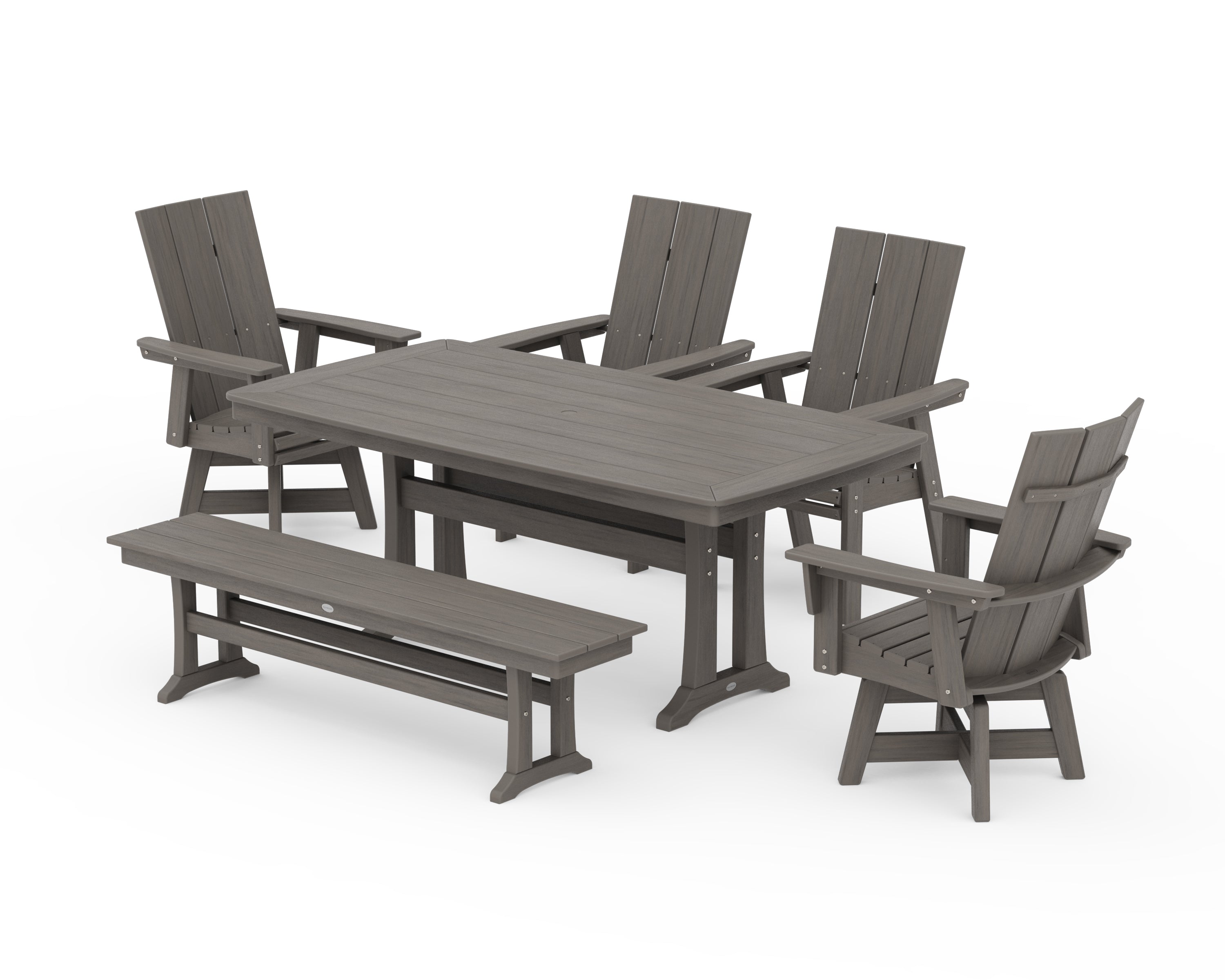 POLYWOOD Modern Curveback Adirondack Swivel Chair 6-Piece Dining Set with Trestle Legs and Bench in Driftwood