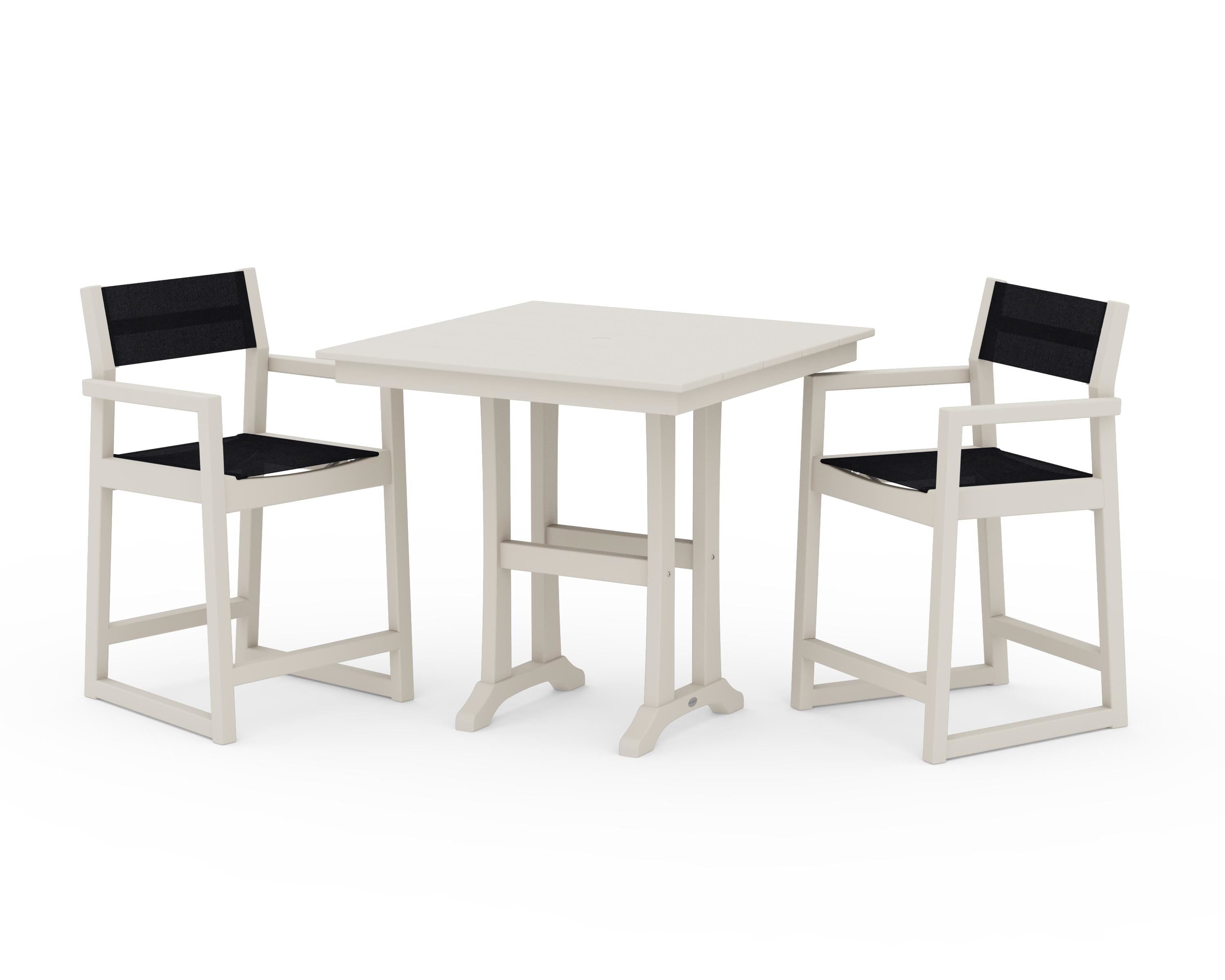 POLYWOOD EDGE Sling Arm Chair 3-Piece Farmhouse Counter Set with Trestle Legs in Sand / Black Sling