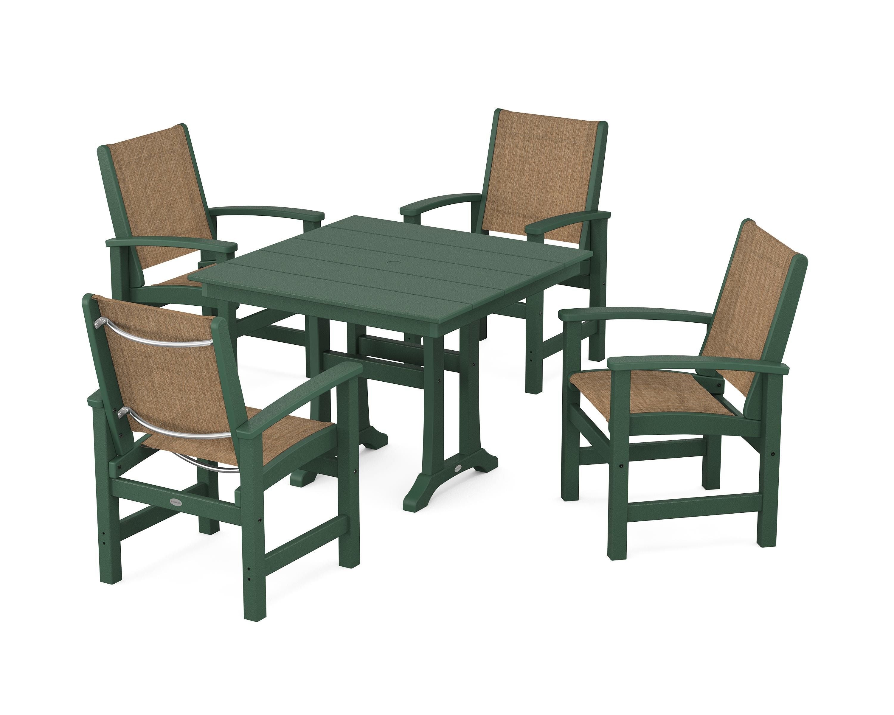 POLYWOOD Coastal 5-Piece Farmhouse Dining Set With Trestle Legs in Green / Burlap Sling