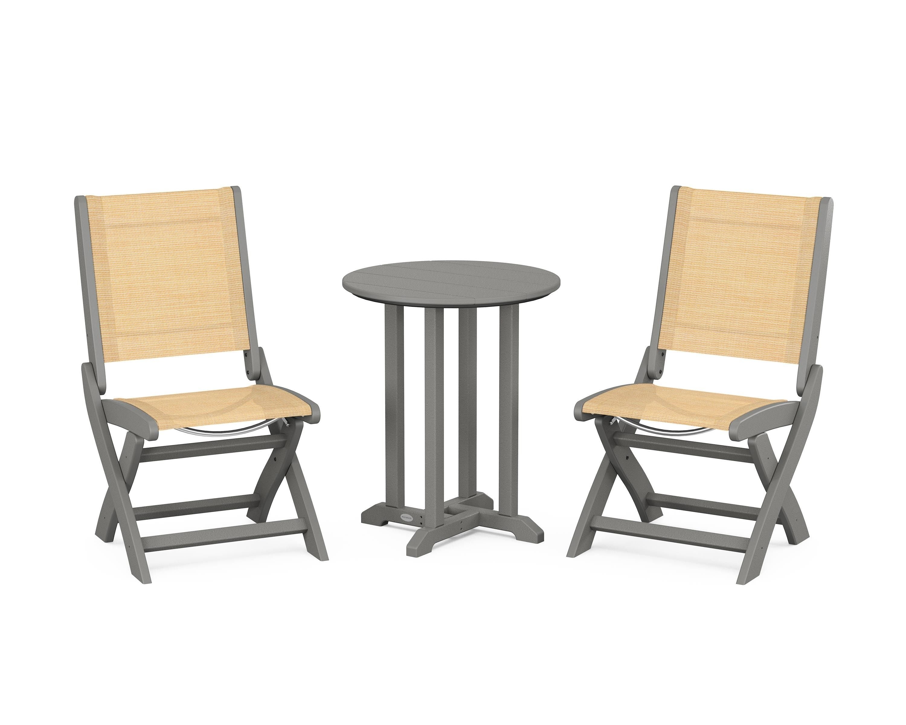 POLYWOOD Coastal Folding Side Chair 3-Piece Round Bistro Dining Set in Slate Grey / Dupioni Apricot Sling
