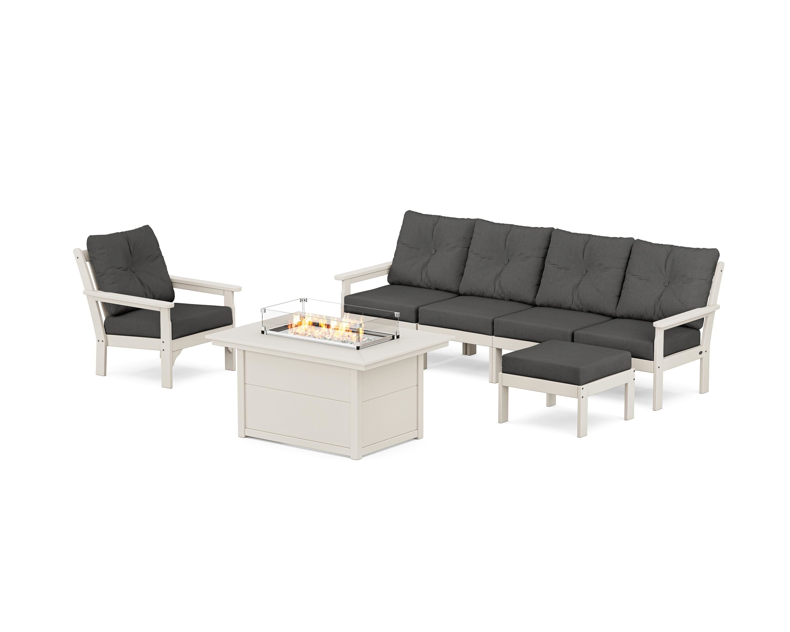 POLYWOOD Vineyard Sectional Lounge and Fire Pit Set in Sand / Spectrum Carbon