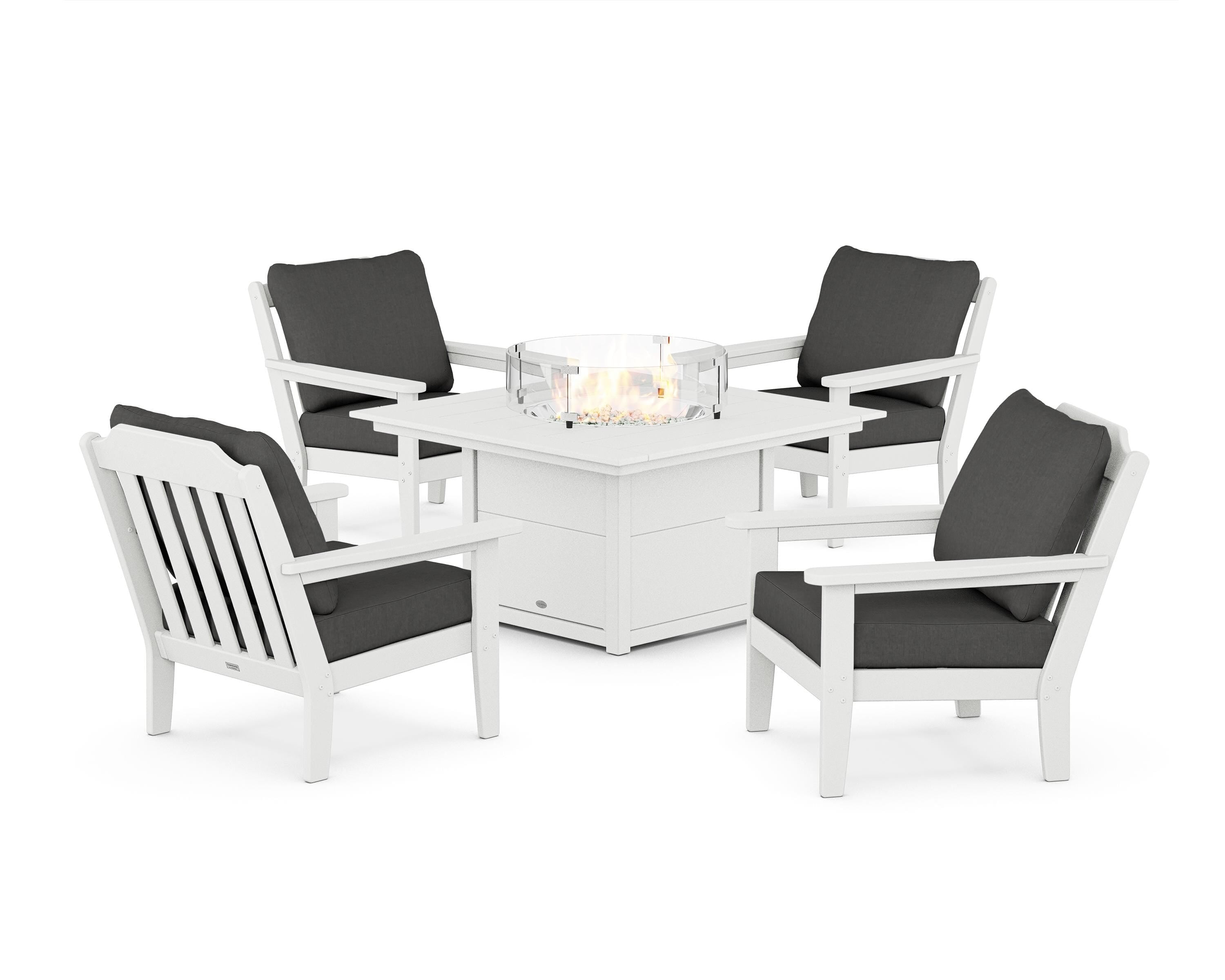Country Living Cottage 5-Piece Deep Seating Set with Fire Pit Table in White / Spectrum Carbon