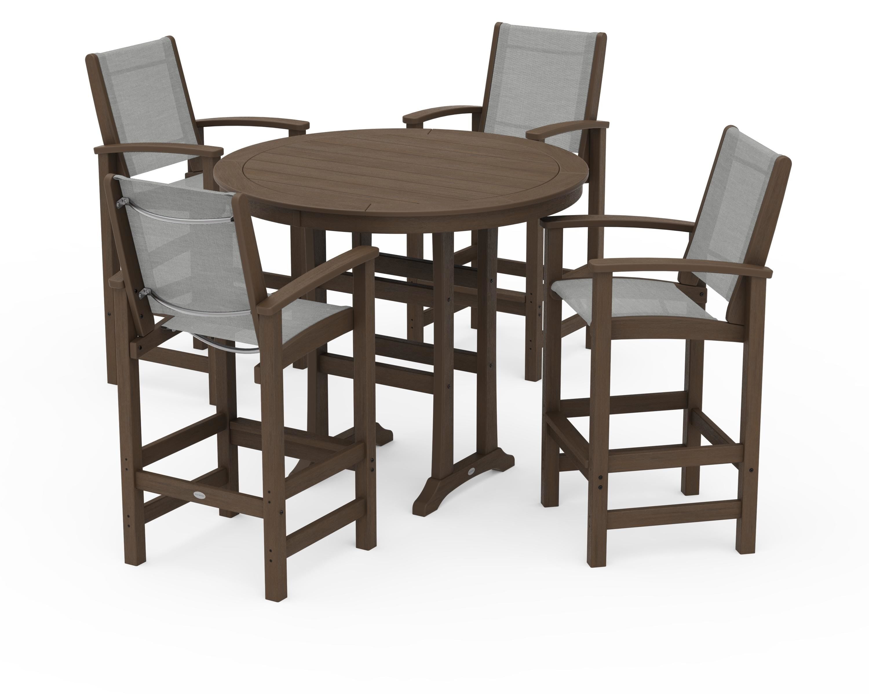 POLYWOOD Coastal 5-Piece Nautical Trestle Bar Set in Kona / Metallic Sling