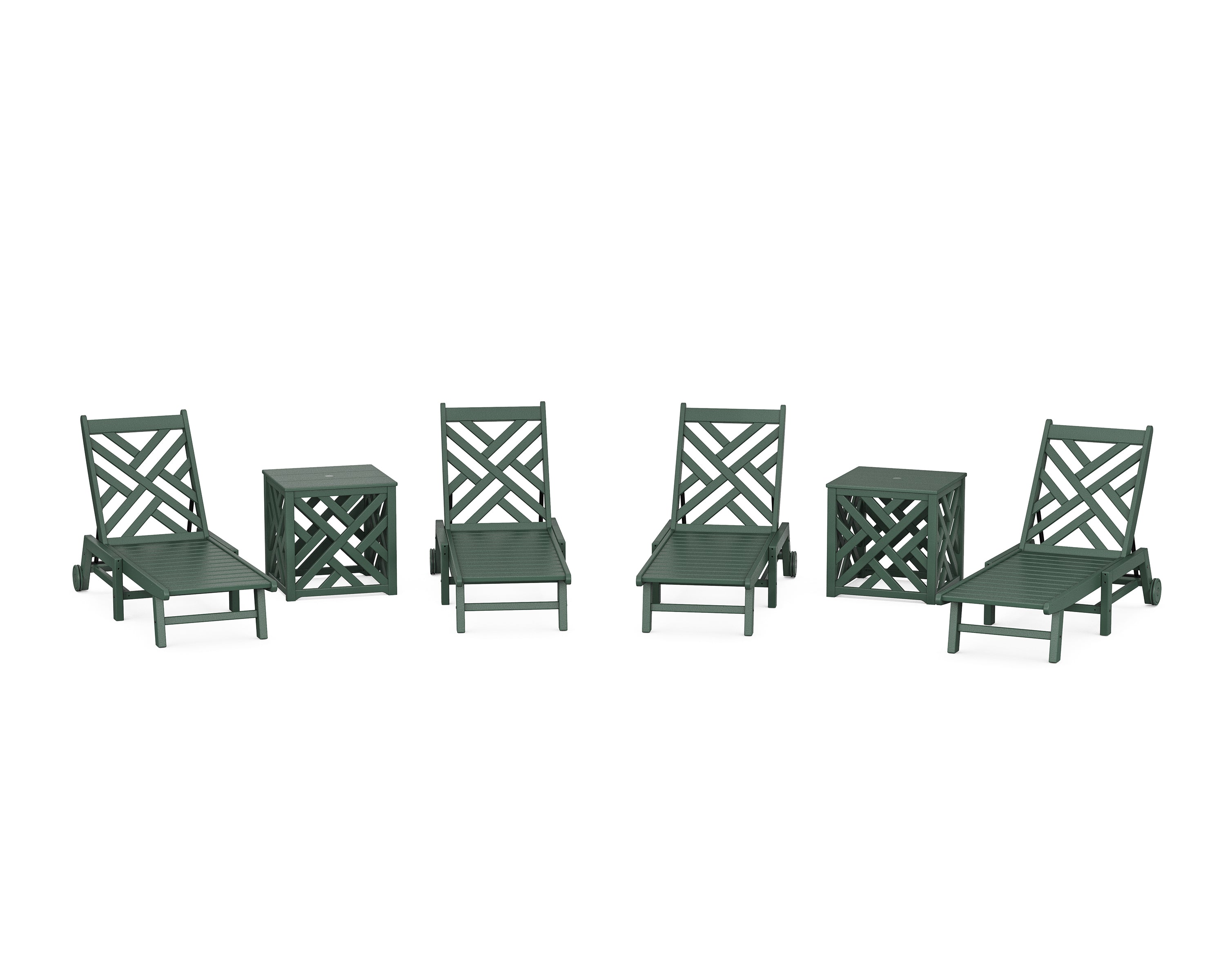 POLYWOOD Chippendale 6-Piece Chaise Set with Wheels and Umbrella Stand Accent Table in Green