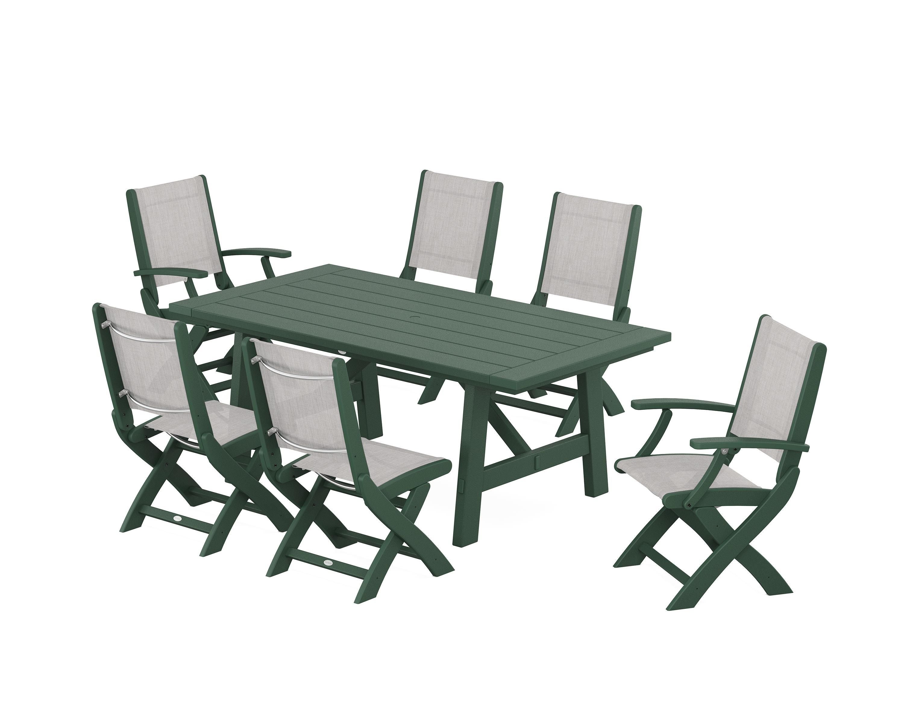 POLYWOOD Coastal Folding Chair 7-Piece Rustic Farmhouse Dining Set in Green / Parchment Sling