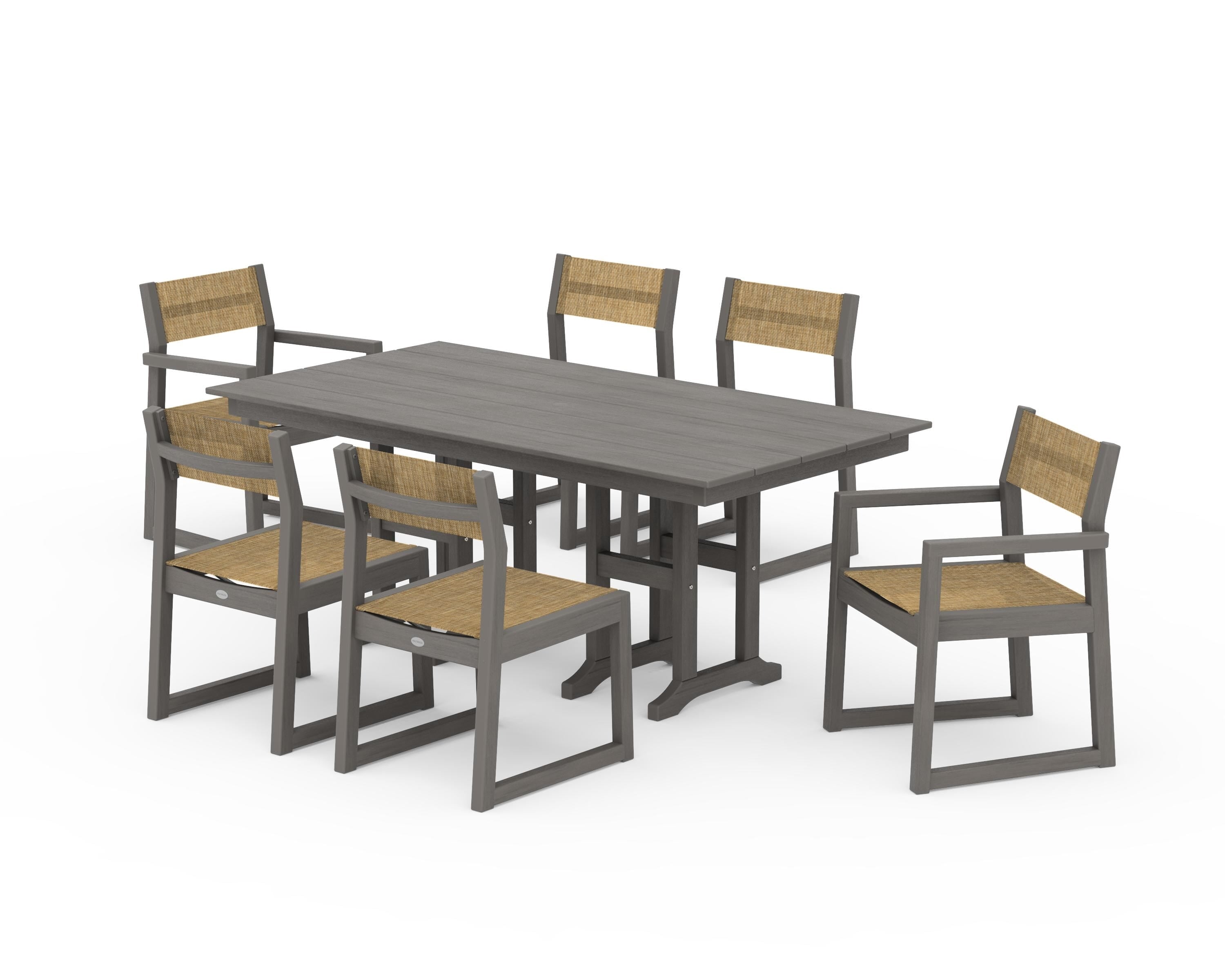 POLYWOOD EDGE Sling 7-Piece Farmhouse Dining Set in Driftwood / Burlap Sling