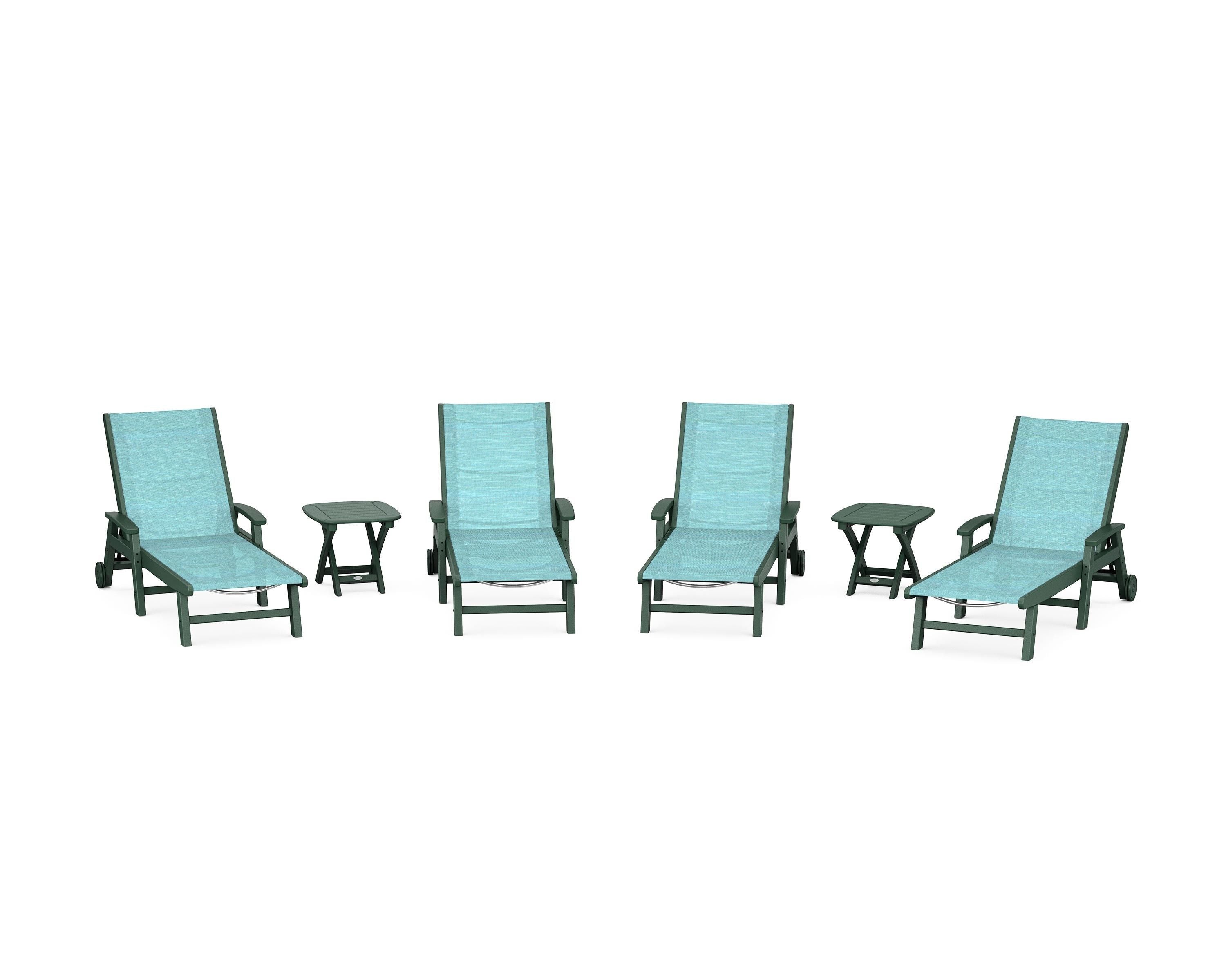 POLYWOOD Coastal Chaise 6-Piece Set with Wheels in Green / Dupioni Aquamarine Sling