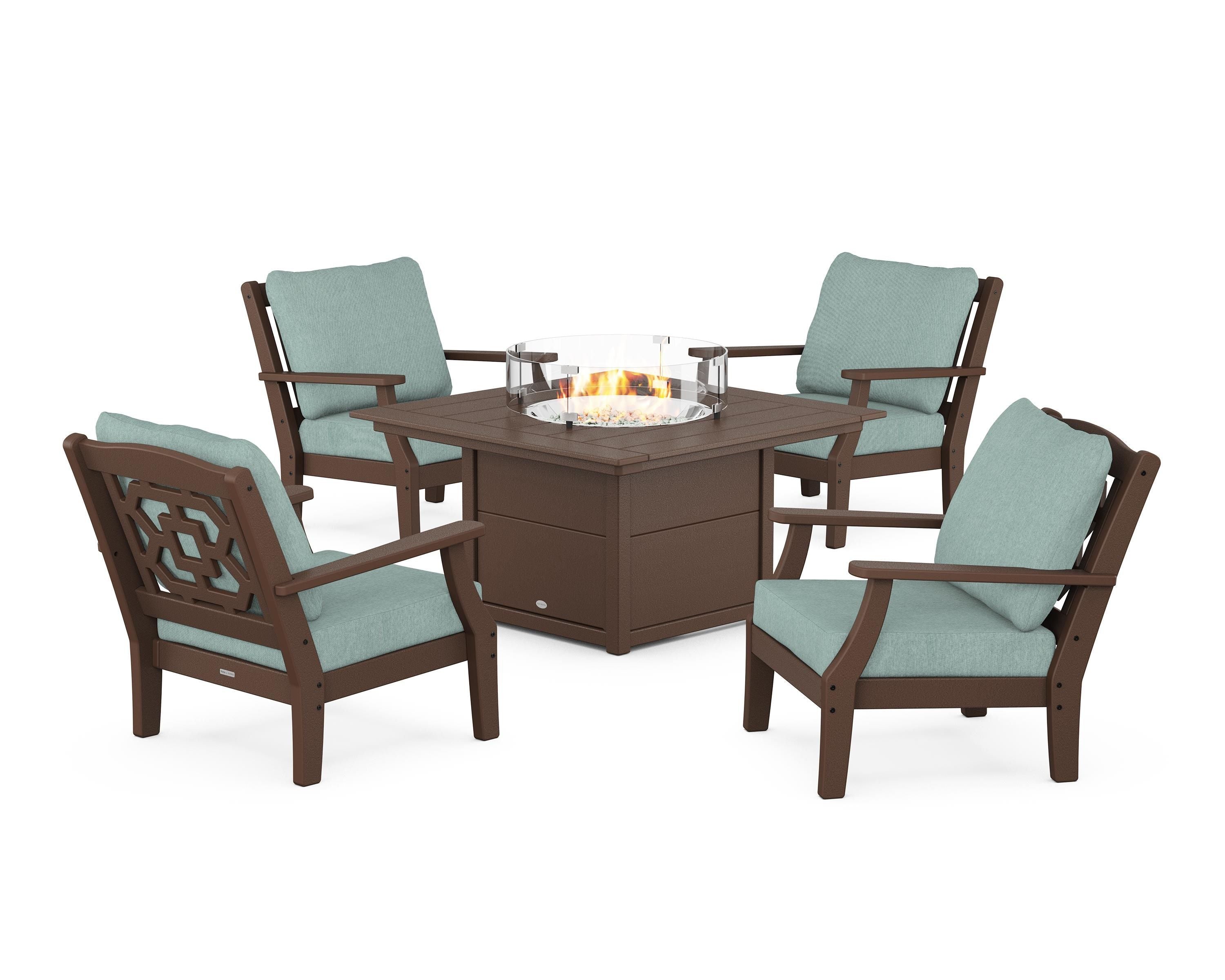 Martha Stewart by POLYWOOD Chinoiserie 5-Piece Deep Seating Set with Fire Pit Table in Mahogany / Glacier Spa