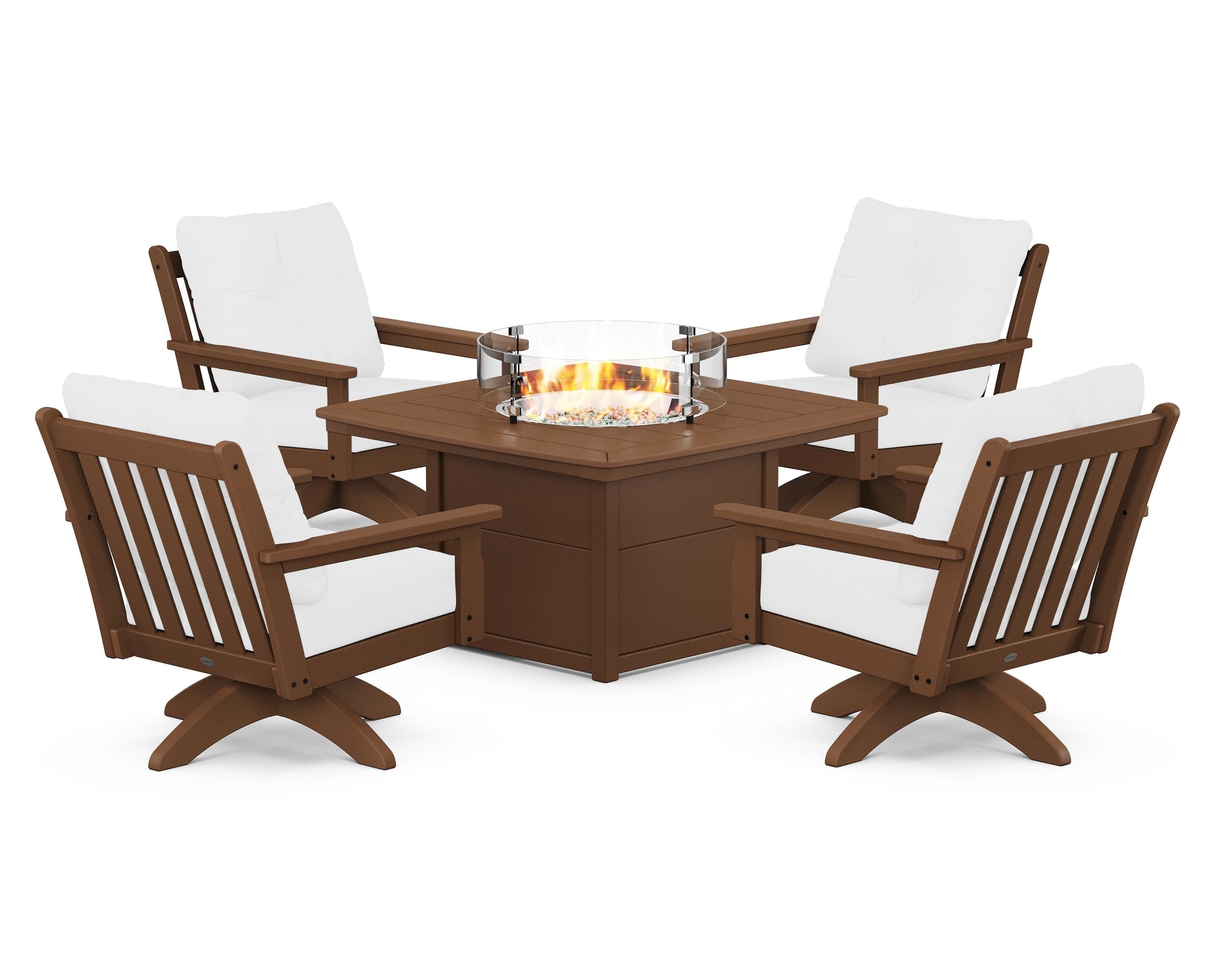 POLYWOOD Vineyard 5-Piece Deep Seating Swivel Conversation Set with Fire Pit Table in Teak / Natural