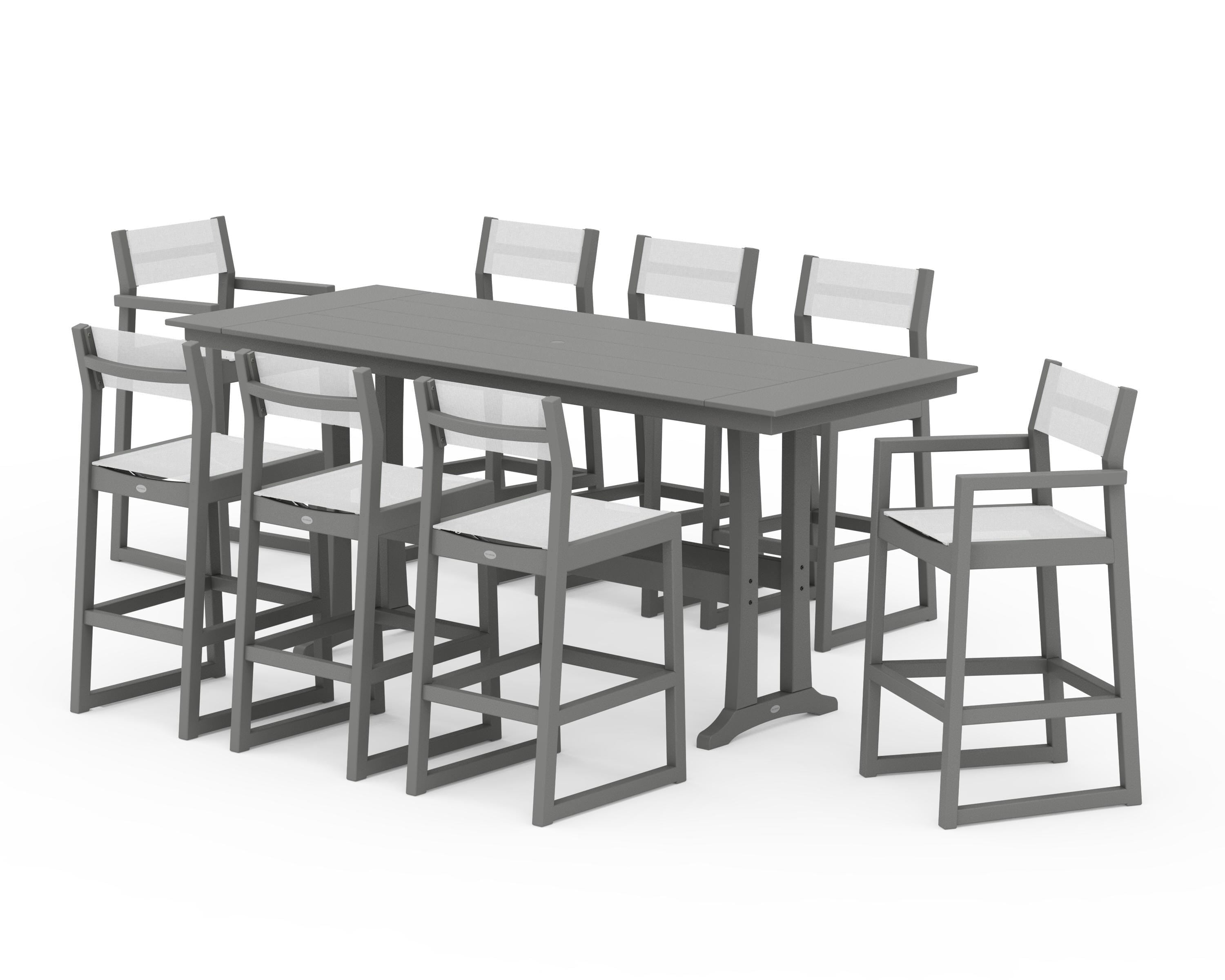 POLYWOOD EDGE Sling 9-Piece Farmhouse Bar Set with Trestle Legs in Slate Grey / White Sling