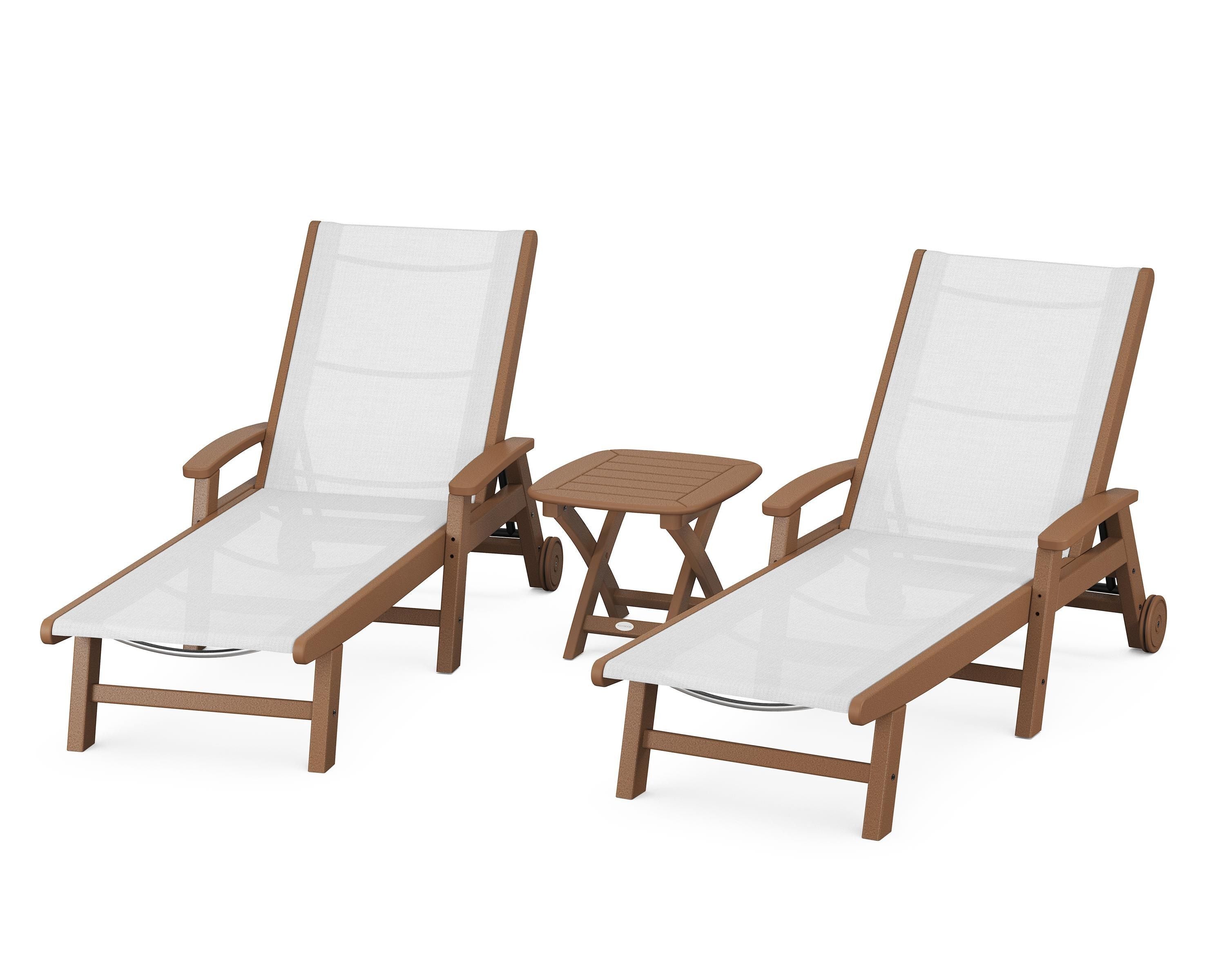POLYWOOD Coastal 3-Piece Wheeled Chaise Set in Teak / White Sling