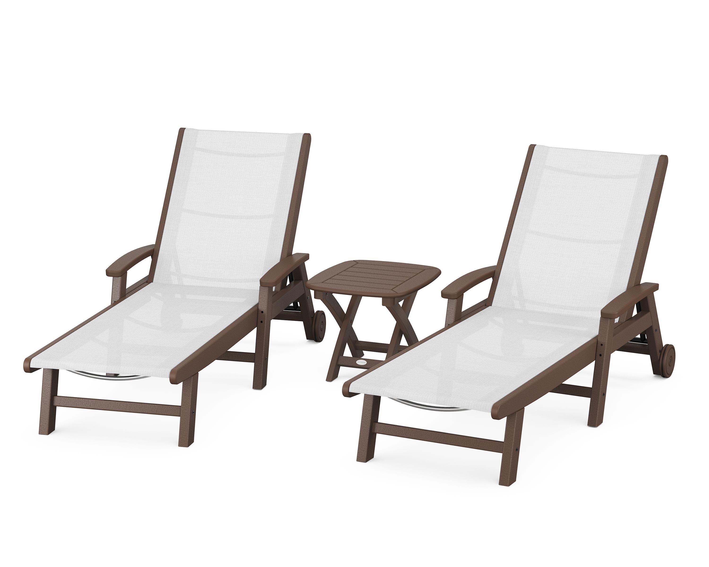 POLYWOOD Coastal 3-Piece Wheeled Chaise Set in Mahogany / White Sling