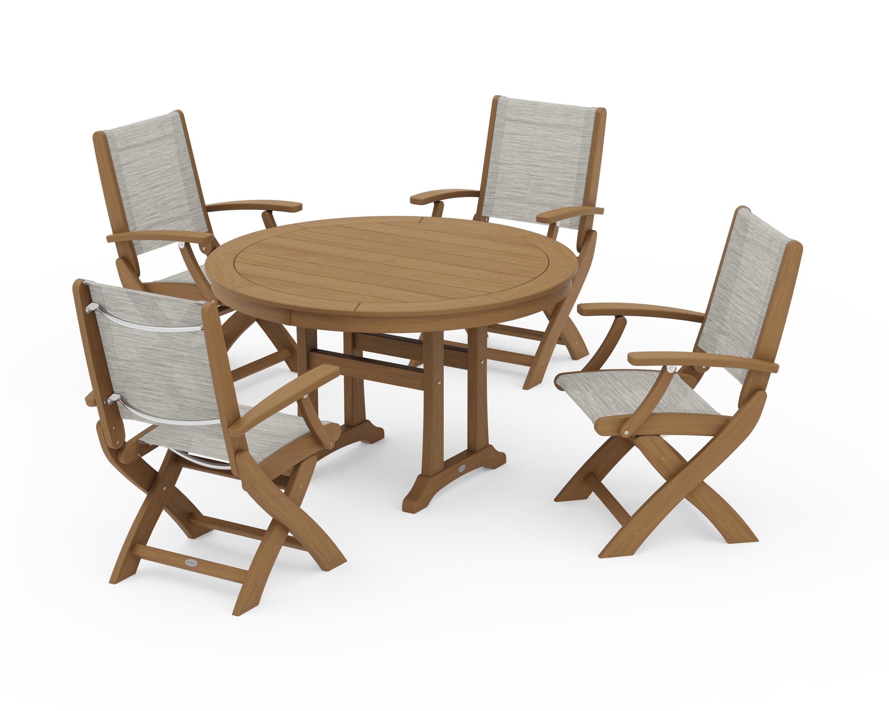 POLYWOOD Coastal Folding Chair 5-Piece Round Dining Set with Trestle Legs in Natural / Birch Sling