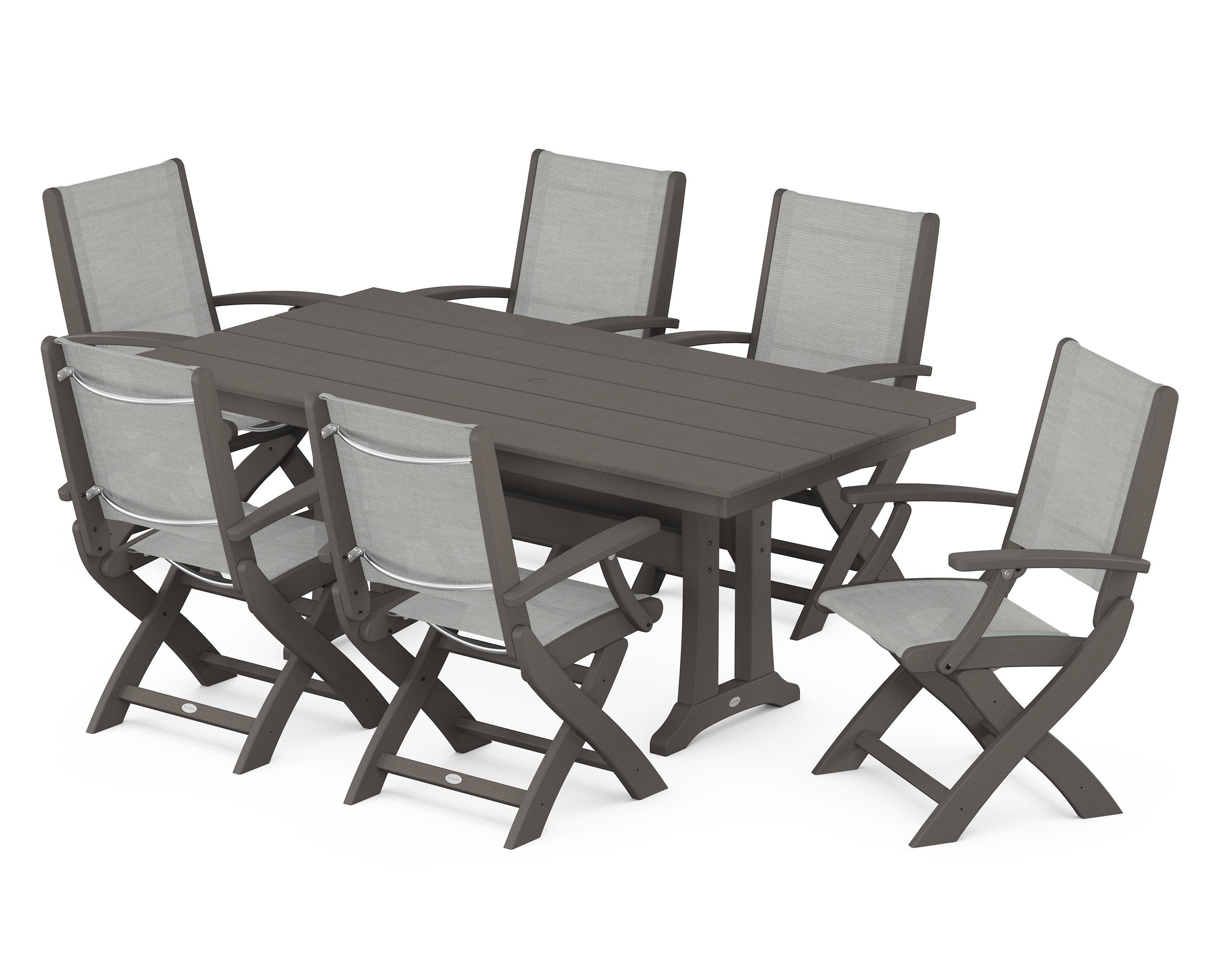 POLYWOOD Coastal Folding Arm Chair 7-Piece Farmhouse Dining Set with Trestle Legs in Vintage Coffee / Metallic Sling