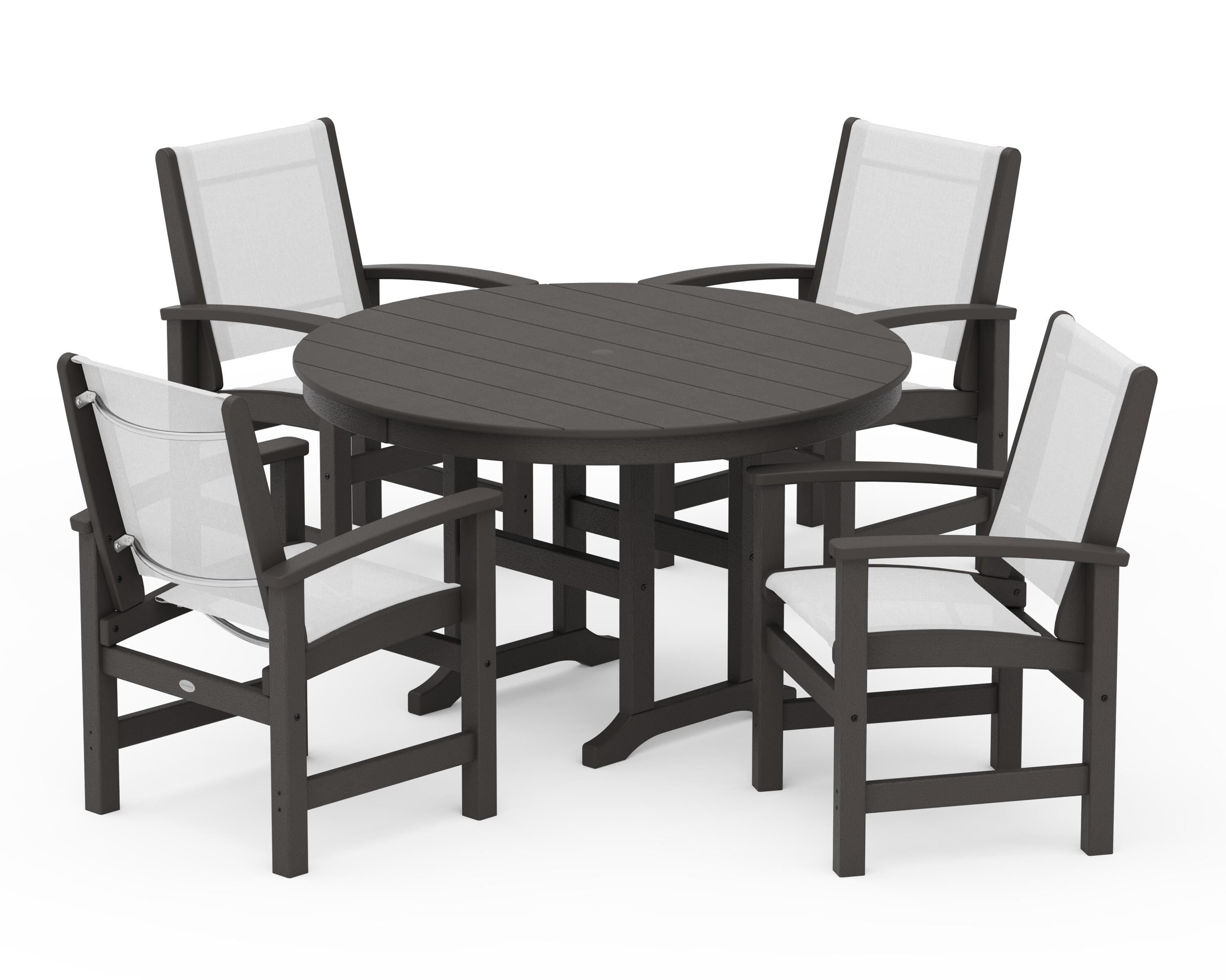 POLYWOOD Coastal 5-Piece Round Farmhouse Dining Set in Vintage Coffee / White Sling