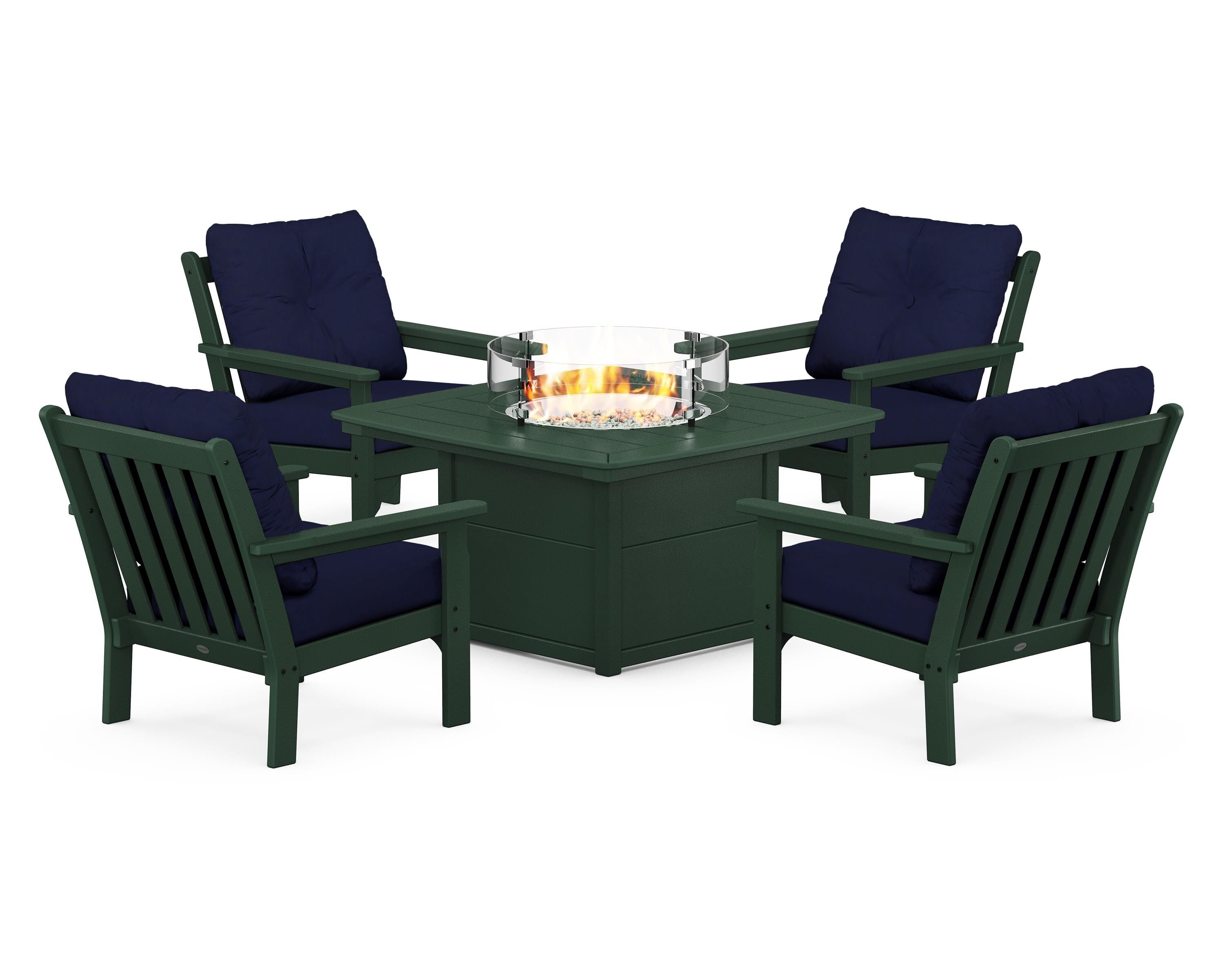 POLYWOOD Vineyard 5-Piece Conversation Set with Fire Pit Table in Green / Navy