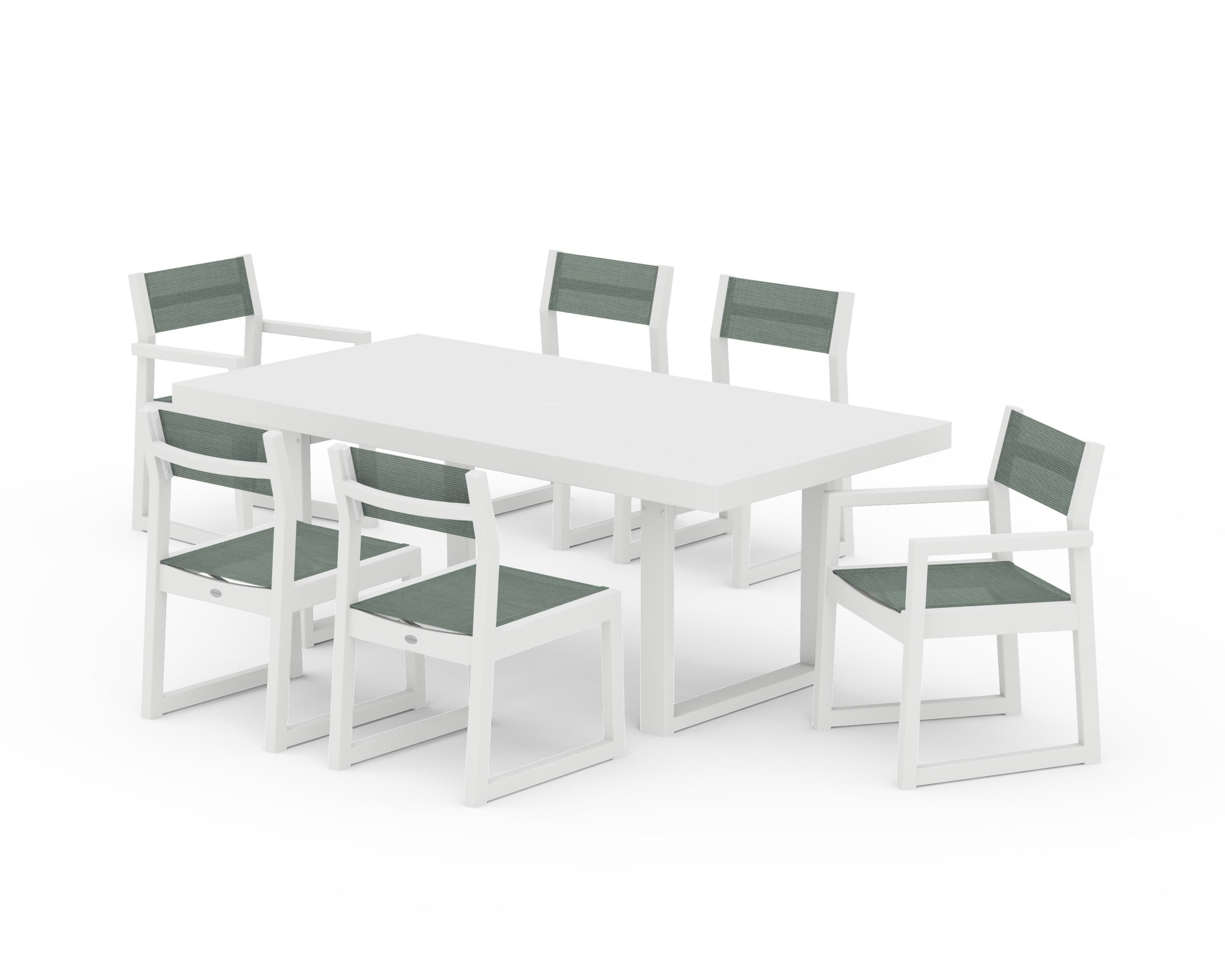 POLYWOOD EDGE Sling 7-Piece Dining Set in White / Dupioni Sea Mist Sling
