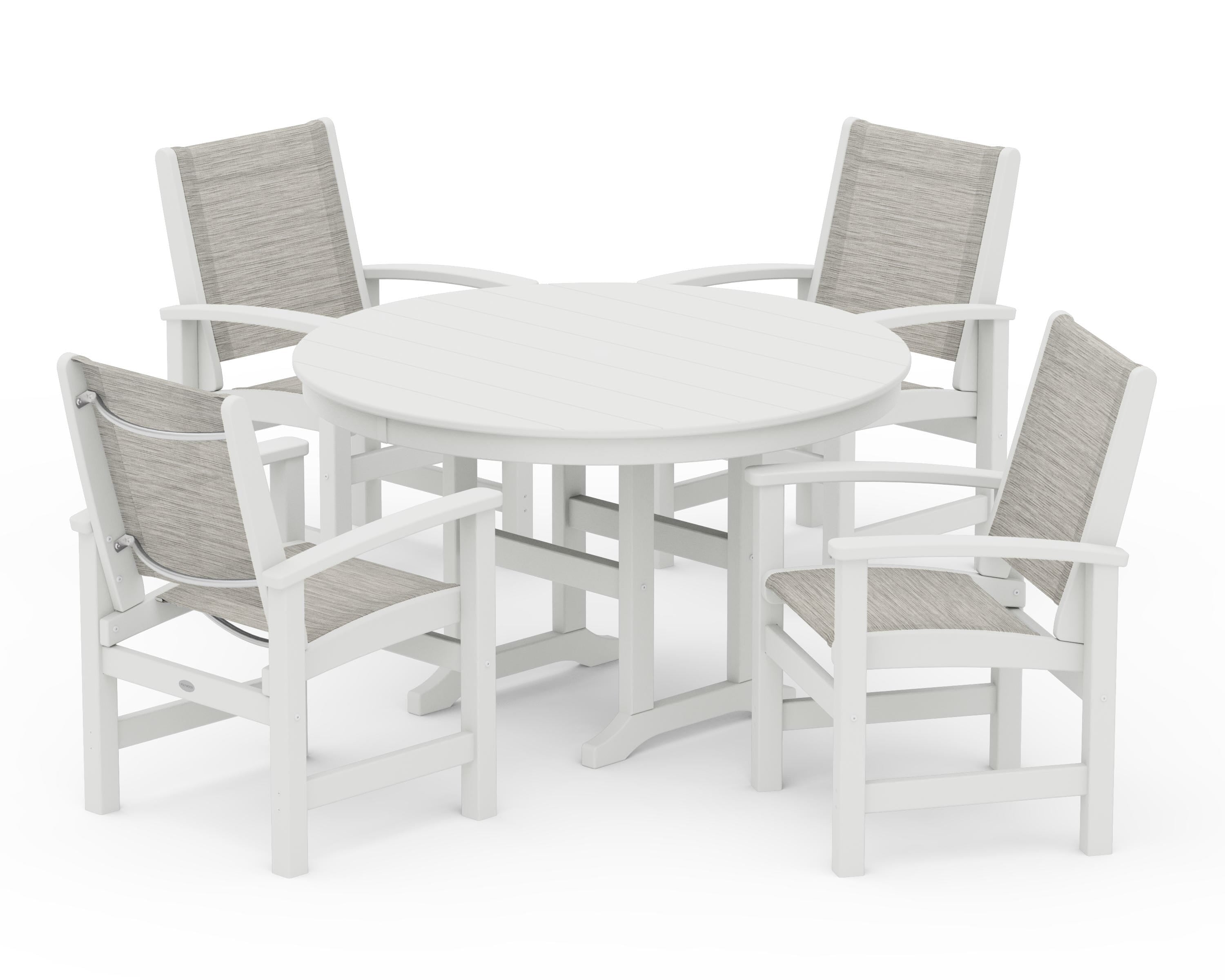 POLYWOOD Coastal 5-Piece Round Farmhouse Dining Set in Vintage White / Birch Sling