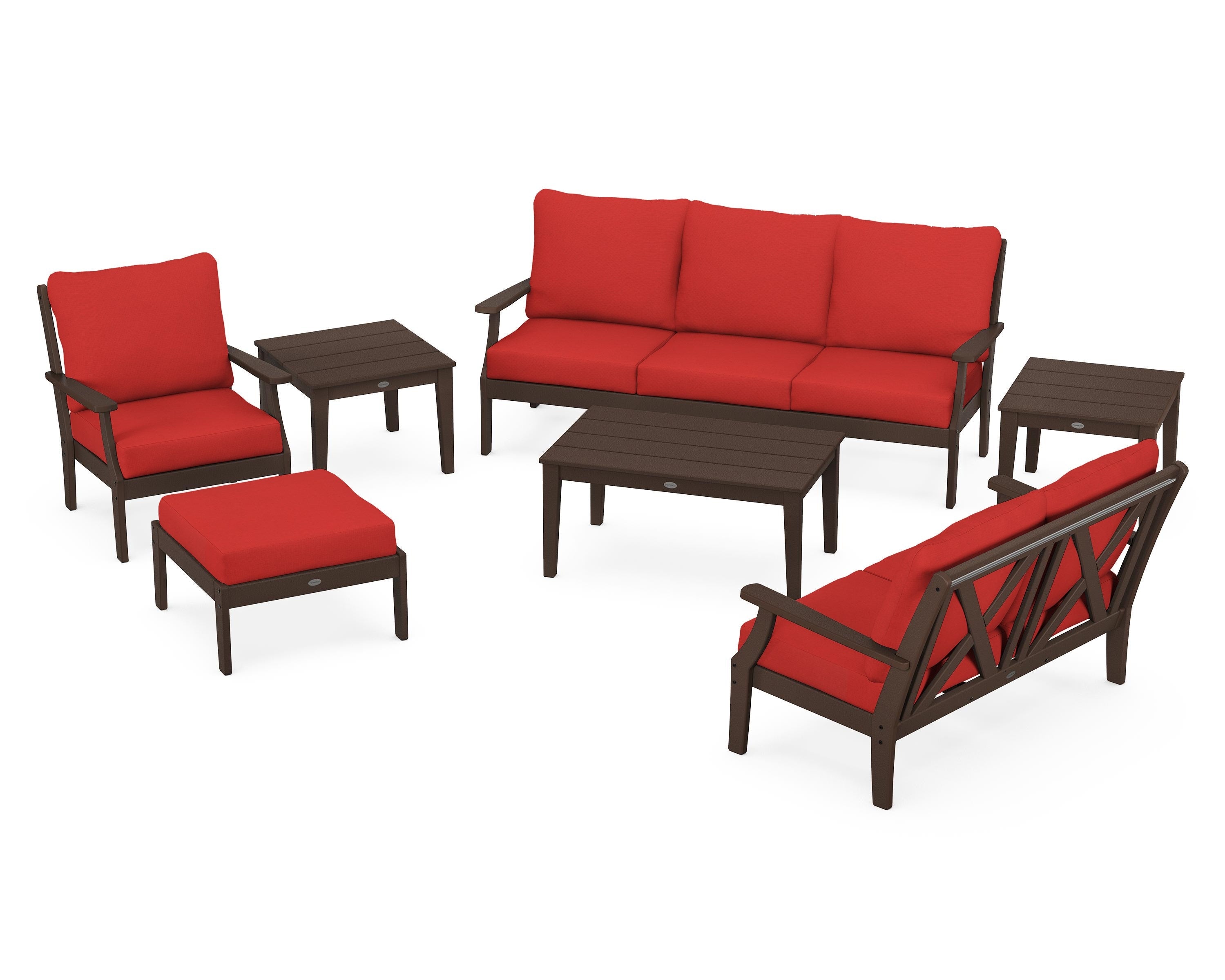 POLYWOOD Braxton 7-Piece Deep Seating Set in Mahogany / Crimson Linen