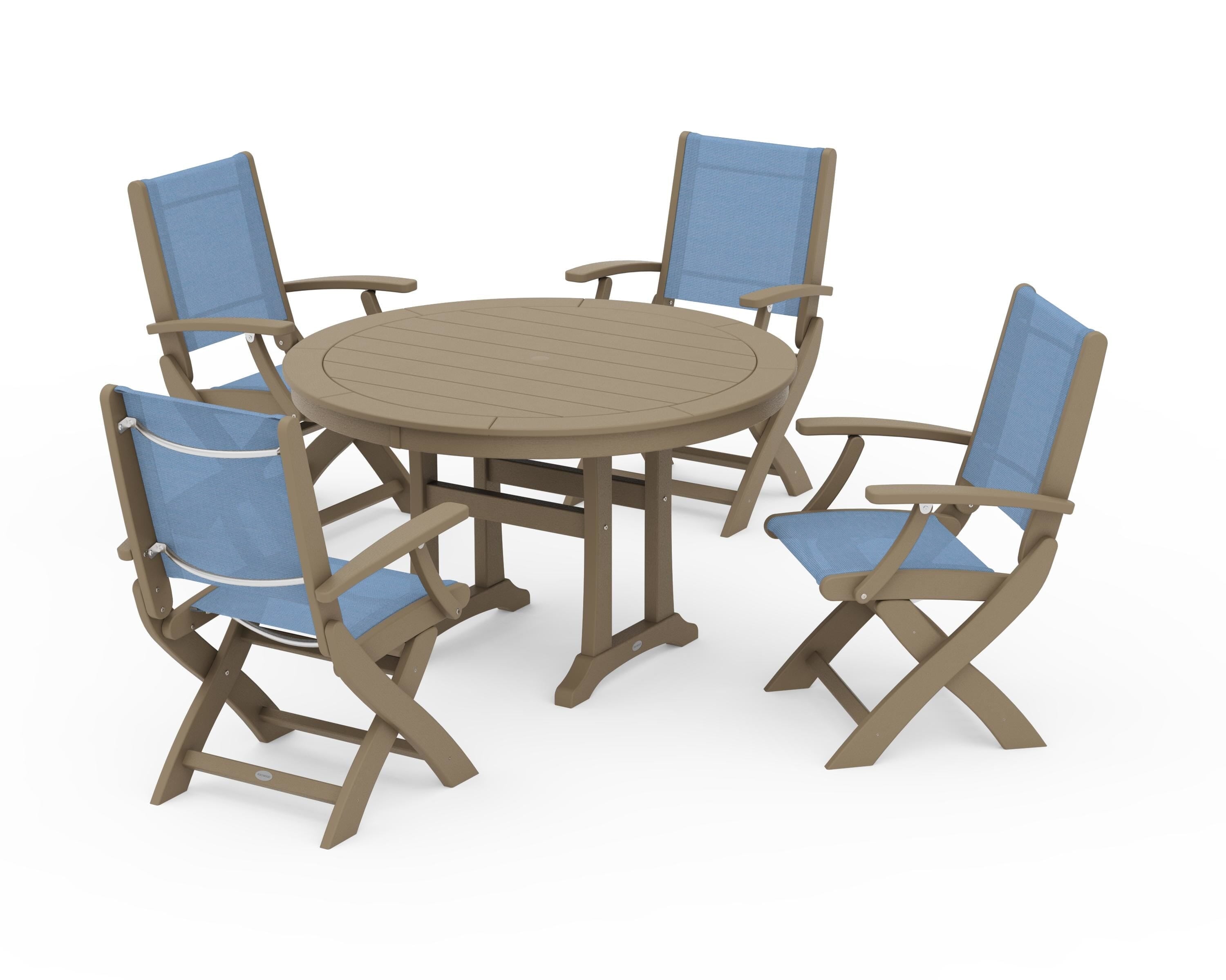 POLYWOOD Coastal Folding Chair 5-Piece Round Dining Set with Trestle Legs in Vintage Sahara / Poolside Sling