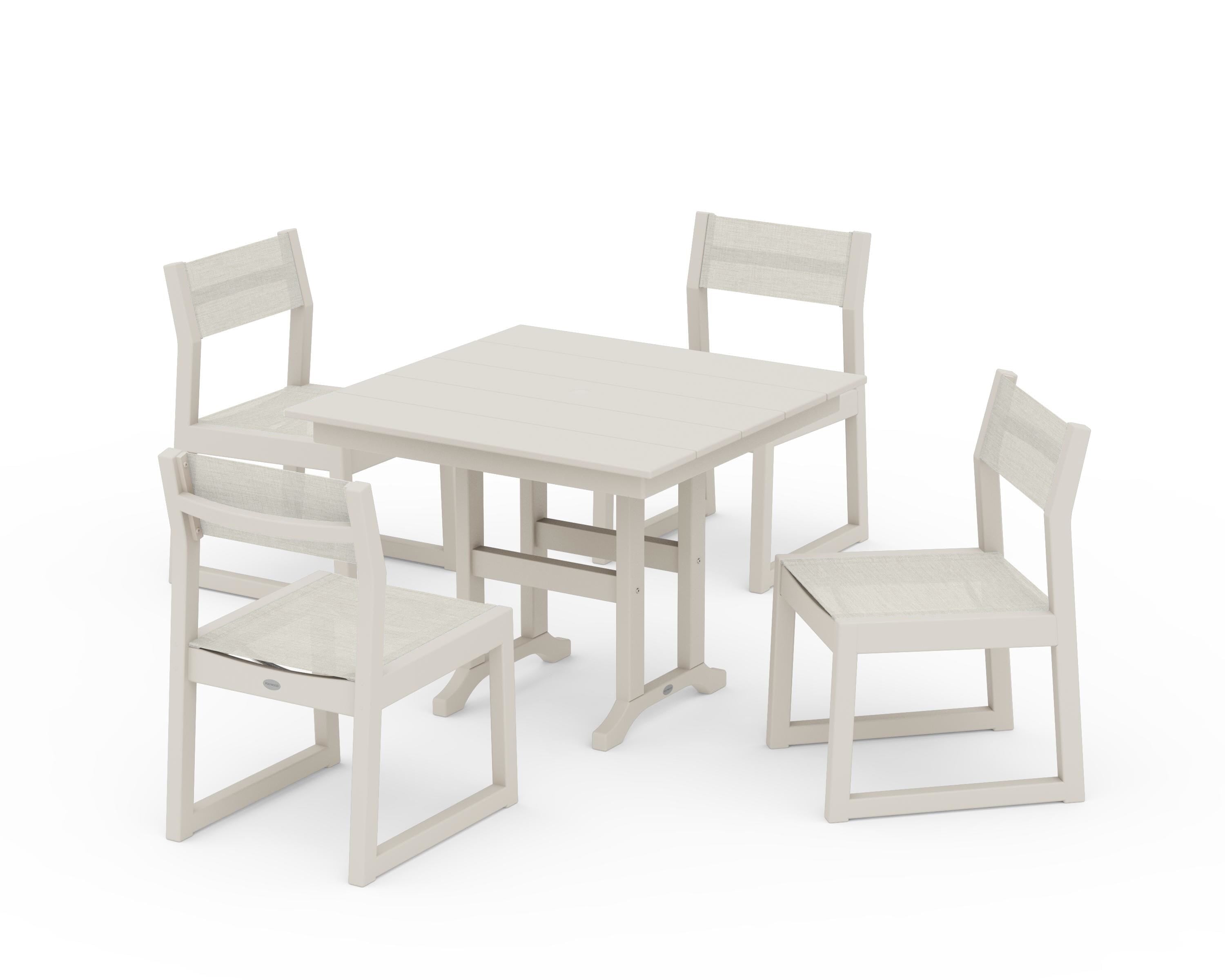 POLYWOOD EDGE Sling Side Chair 5-Piece Farmhouse Dining Set in Sand / Parchment Sling