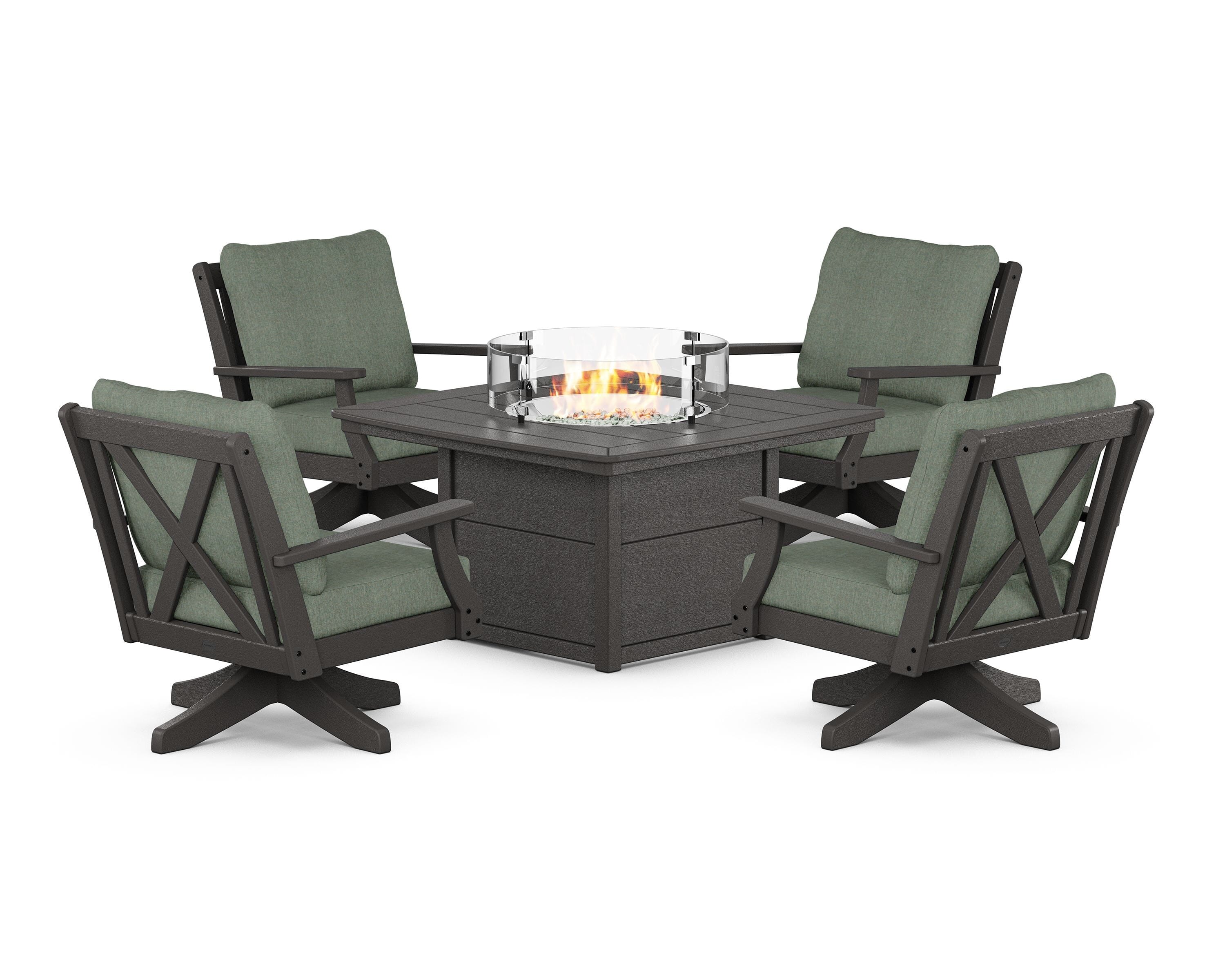 POLYWOOD Braxton 5-Piece Deep Seating Swivel Conversation Set with Fire Pit Table in Vintage Coffee / Cast Sage