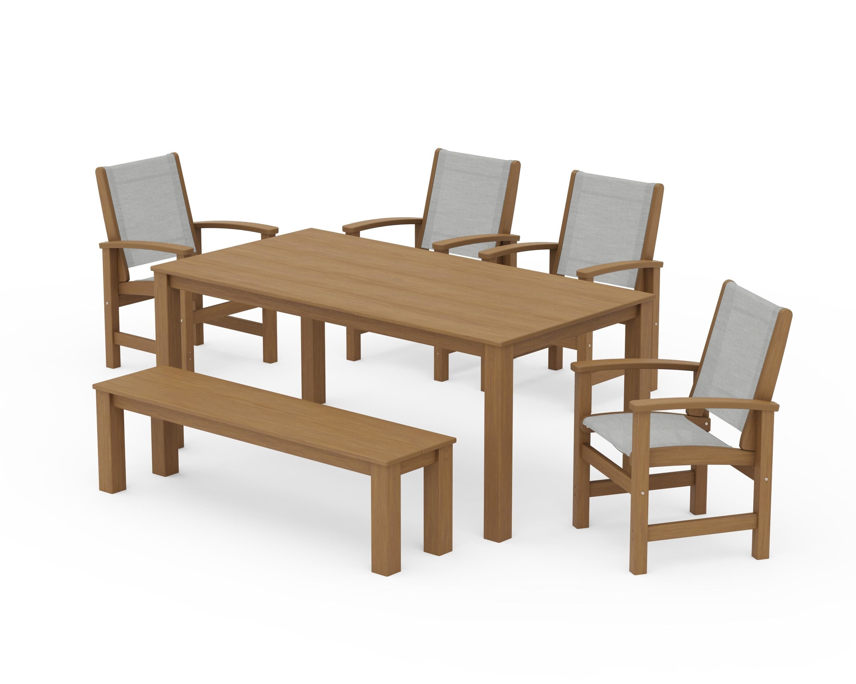 POLYWOOD Coastal 6-Piece Parsons Dining Set with Bench in Natural / Metallic Sling