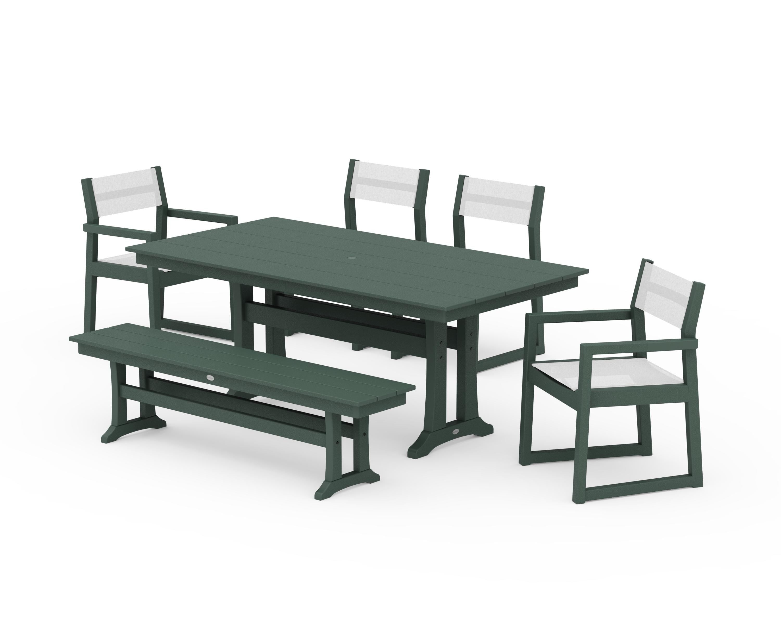 POLYWOOD EDGE Sling 6-Piece Farmhouse Dining Set With Trestle Legs in Green / White Sling