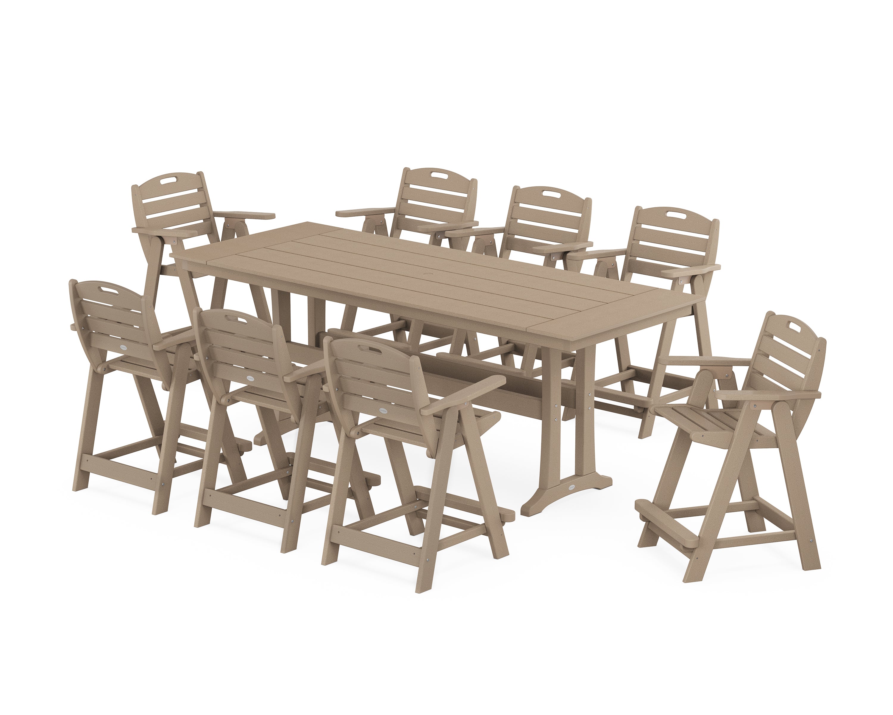 POLYWOOD® Nautical 9-Piece Farmhouse Counter Set with Trestle Legs in Vintage Sahara