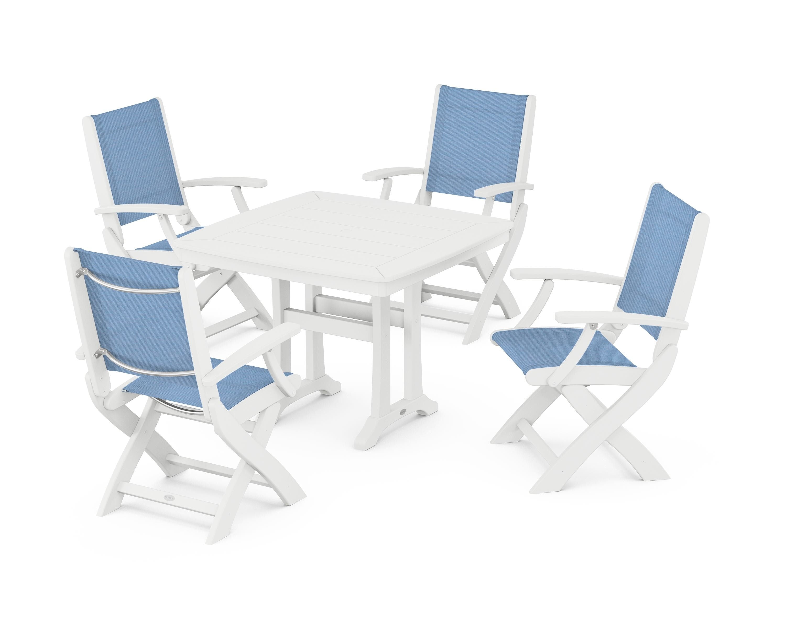 POLYWOOD Coastal Folding Chair 5-Piece Dining Set with Trestle Legs in White / Poolside Sling