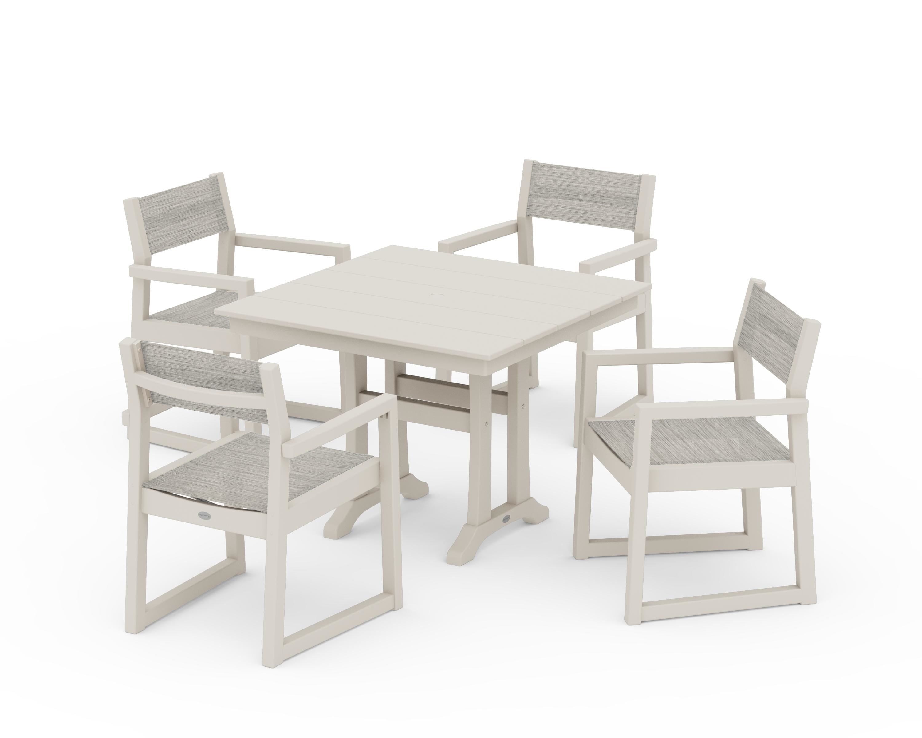 POLYWOOD EDGE Sling 5-Piece Farmhouse Dining Set with Trestle Legs in Sand / Birch Sling