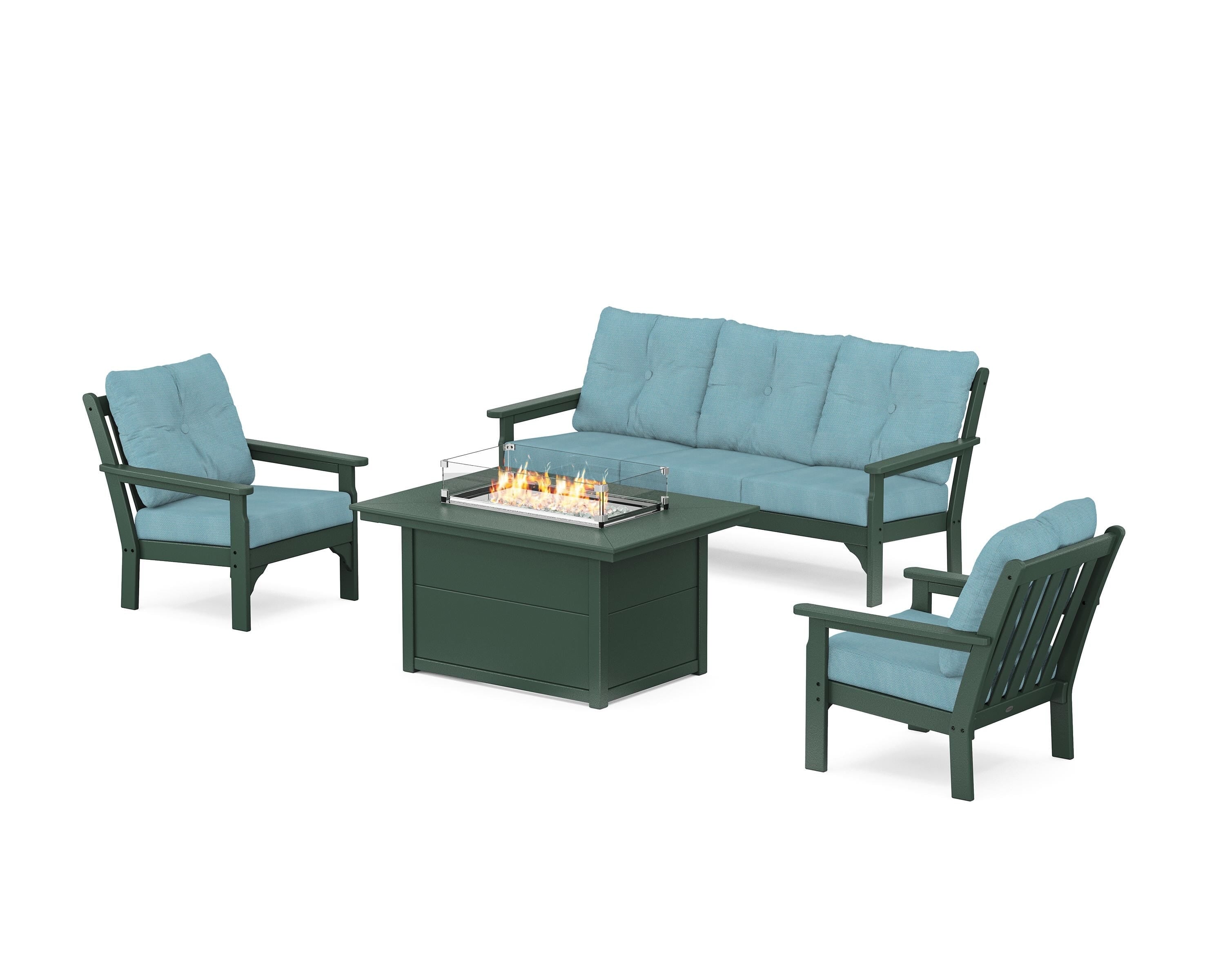 POLYWOOD Vineyard Deep Seating Fire Pit Table Set in Green / Lattice Sky Blue