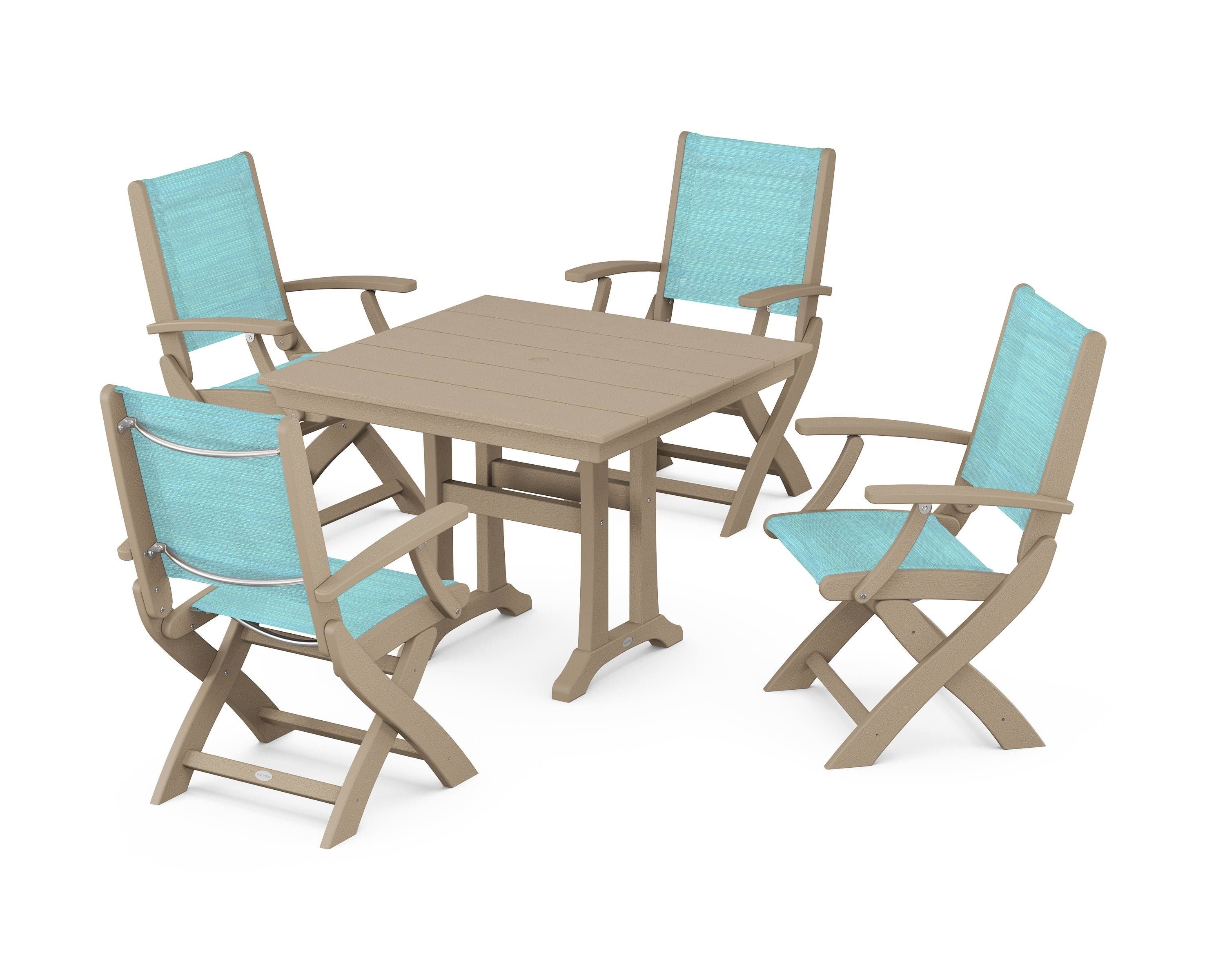POLYWOOD Coastal Folding Chair 5-Piece Farmhouse Dining Set With Trestle Legs in Vintage Sahara / Dupioni Aquamarine Sling