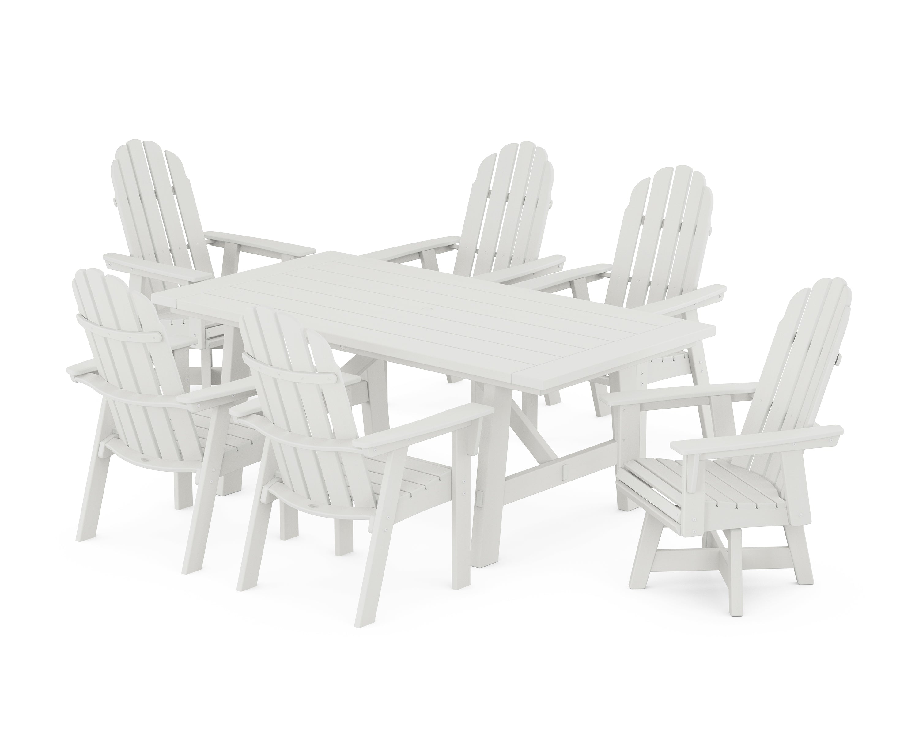 POLYWOOD® Vineyard Curveback Adirondack Swivel Chair 7-Piece Rustic Farmhouse Dining Set in Vintage White