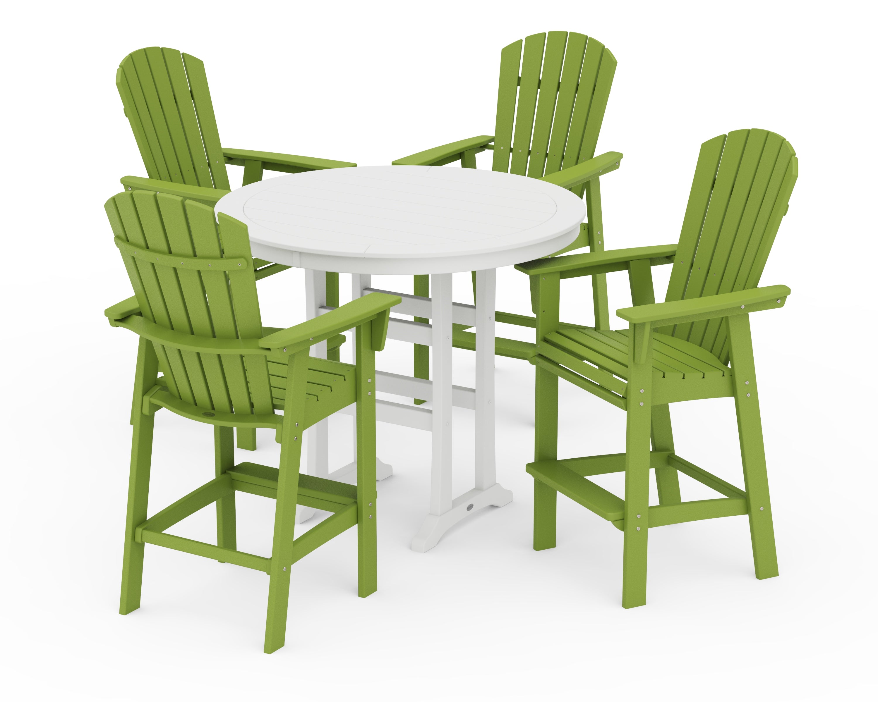 POLYWOOD Nautical Curveback Adirondack 5-Piece Round Trestle Bar Set in Lime / White