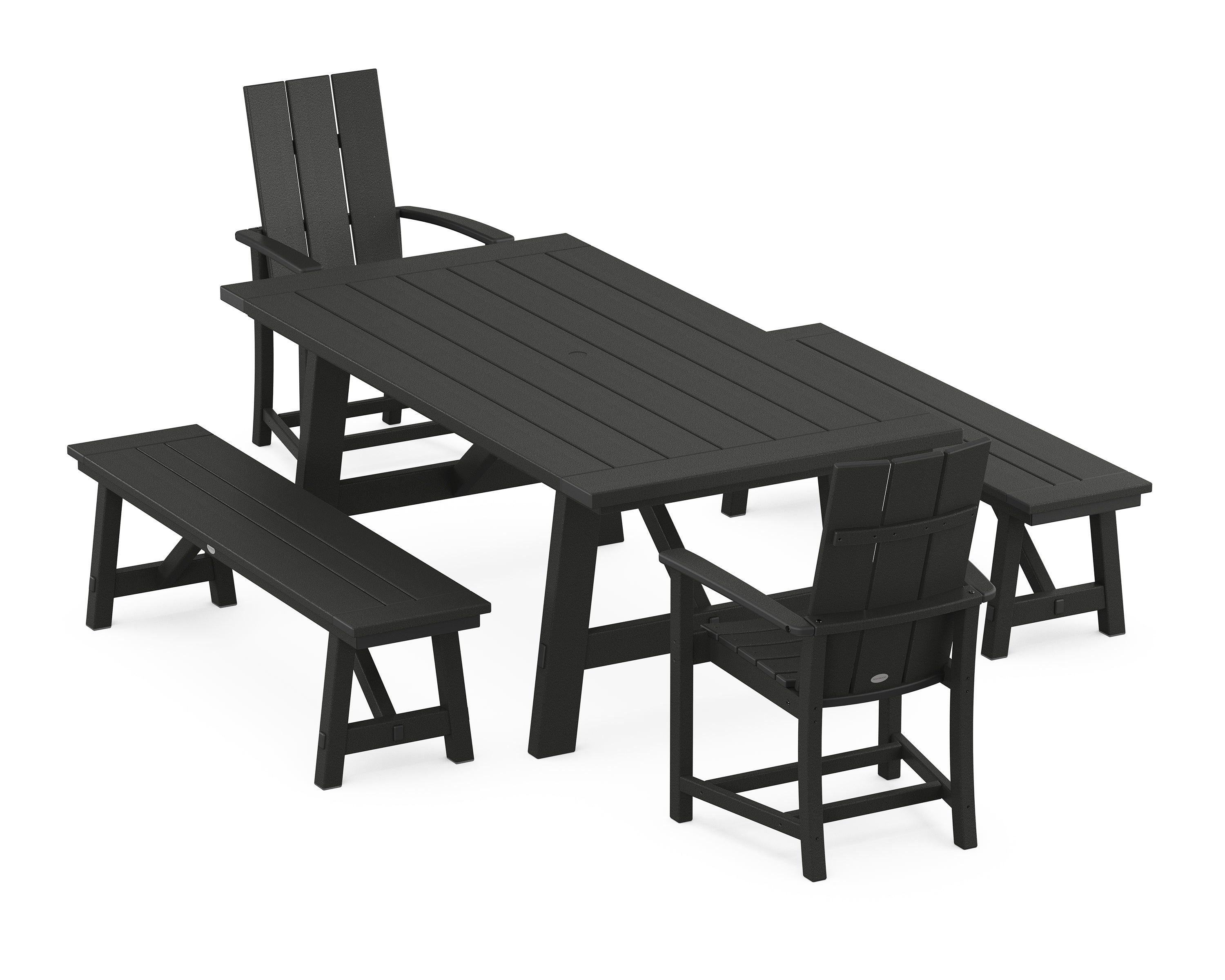 POLYWOOD® Modern Adirondack 5-Piece Rustic Farmhouse Dining Set With Benches in Black