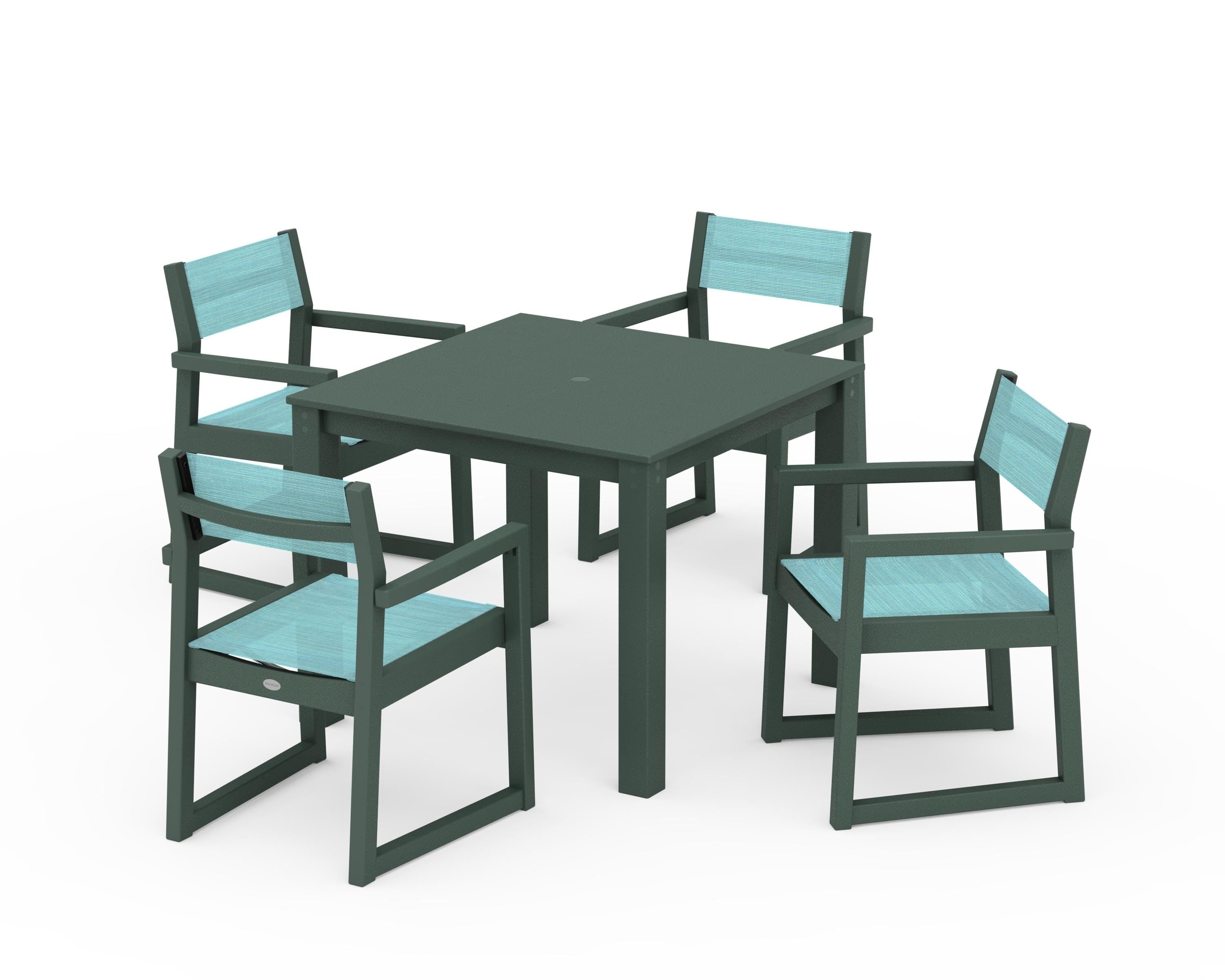 POLYWOOD EDGE Sling Arm Chair 5-Piece Parsons Dining Set in Green / Dupioni Aquamarine Sling