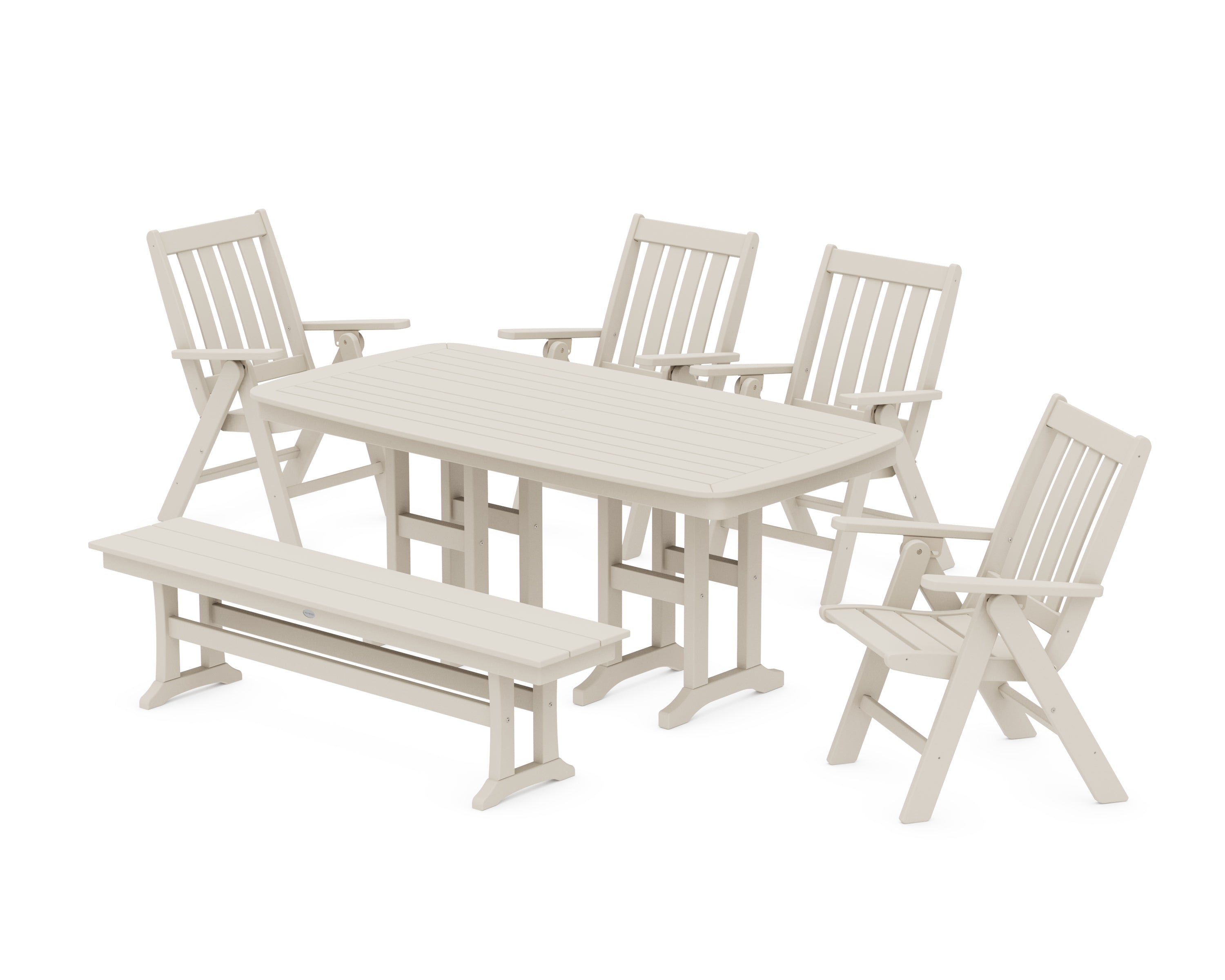 POLYWOOD Vineyard Folding Chair 6-Piece Dining Set with Bench in Sand