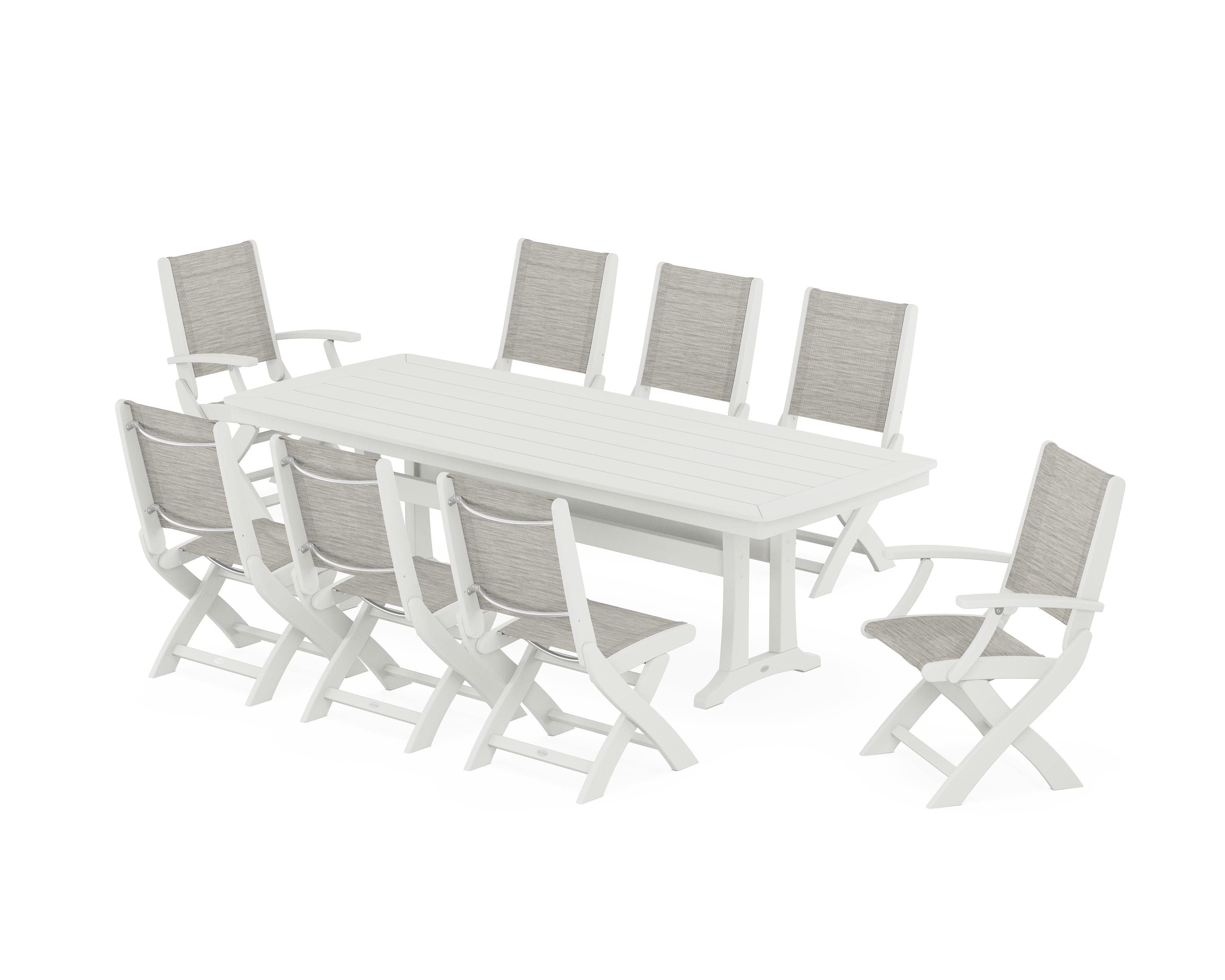 POLYWOOD Coastal Folding 9-Piece Dining Set with Trestle Legs in Vintage White / Birch Sling