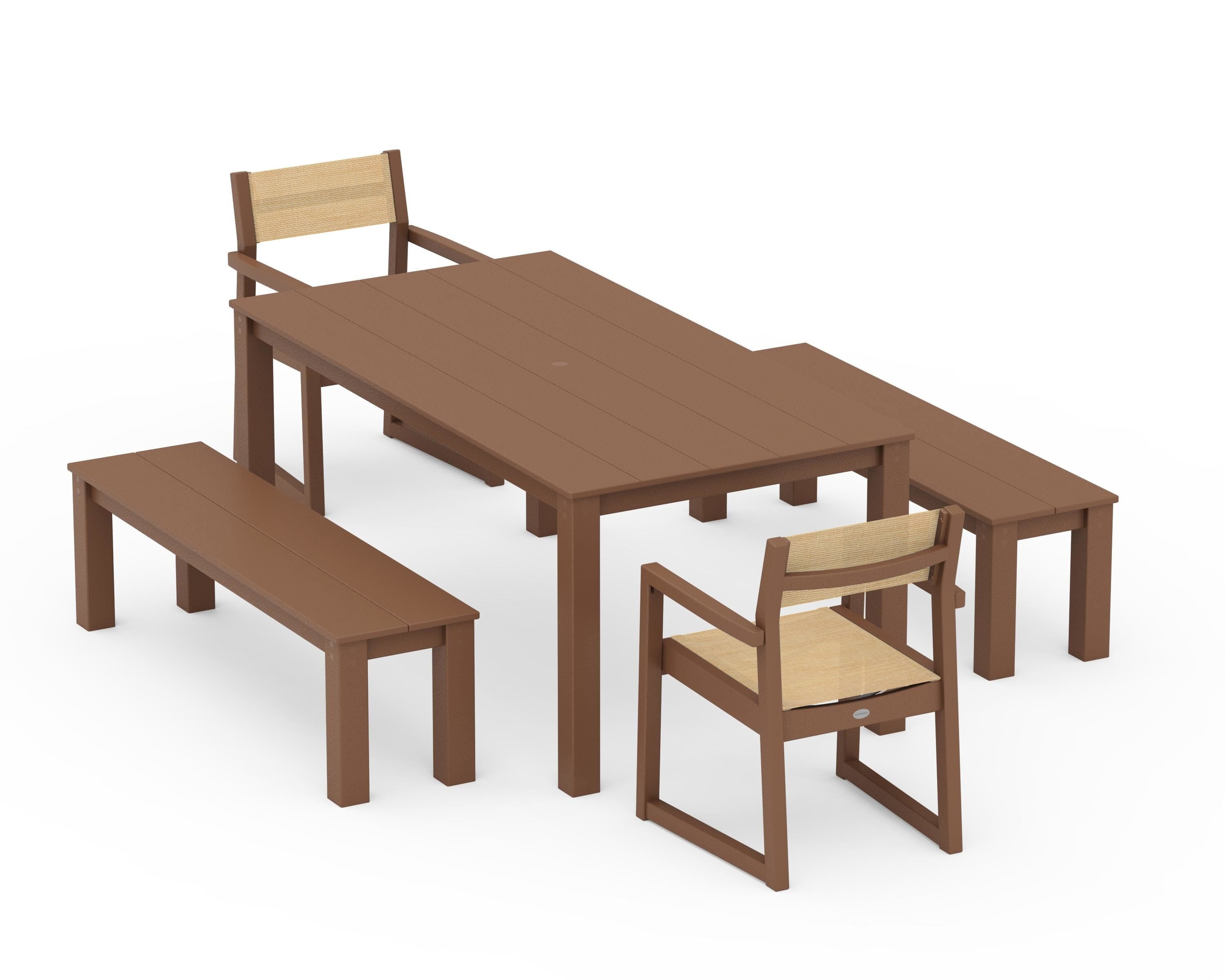 POLYWOOD EDGE Sling Arm Chair 5-Piece Parsons Dining Set with Benches in Teak / Dupioni Apricot Sling