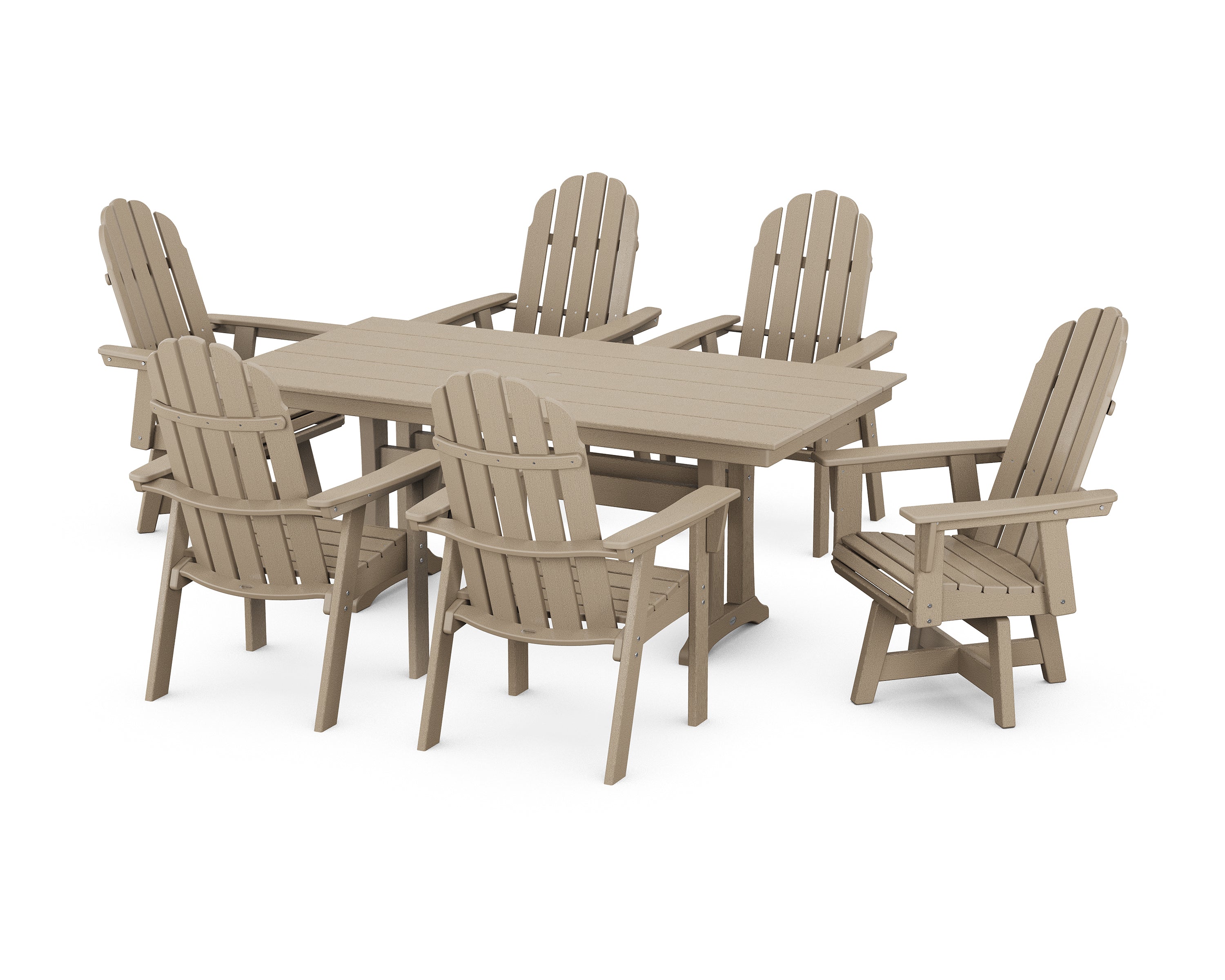 POLYWOOD® Vineyard Curveback Adirondack Swivel Chair 7-Piece Farmhouse Dining Set with Trestle Legs in Vintage Sahara